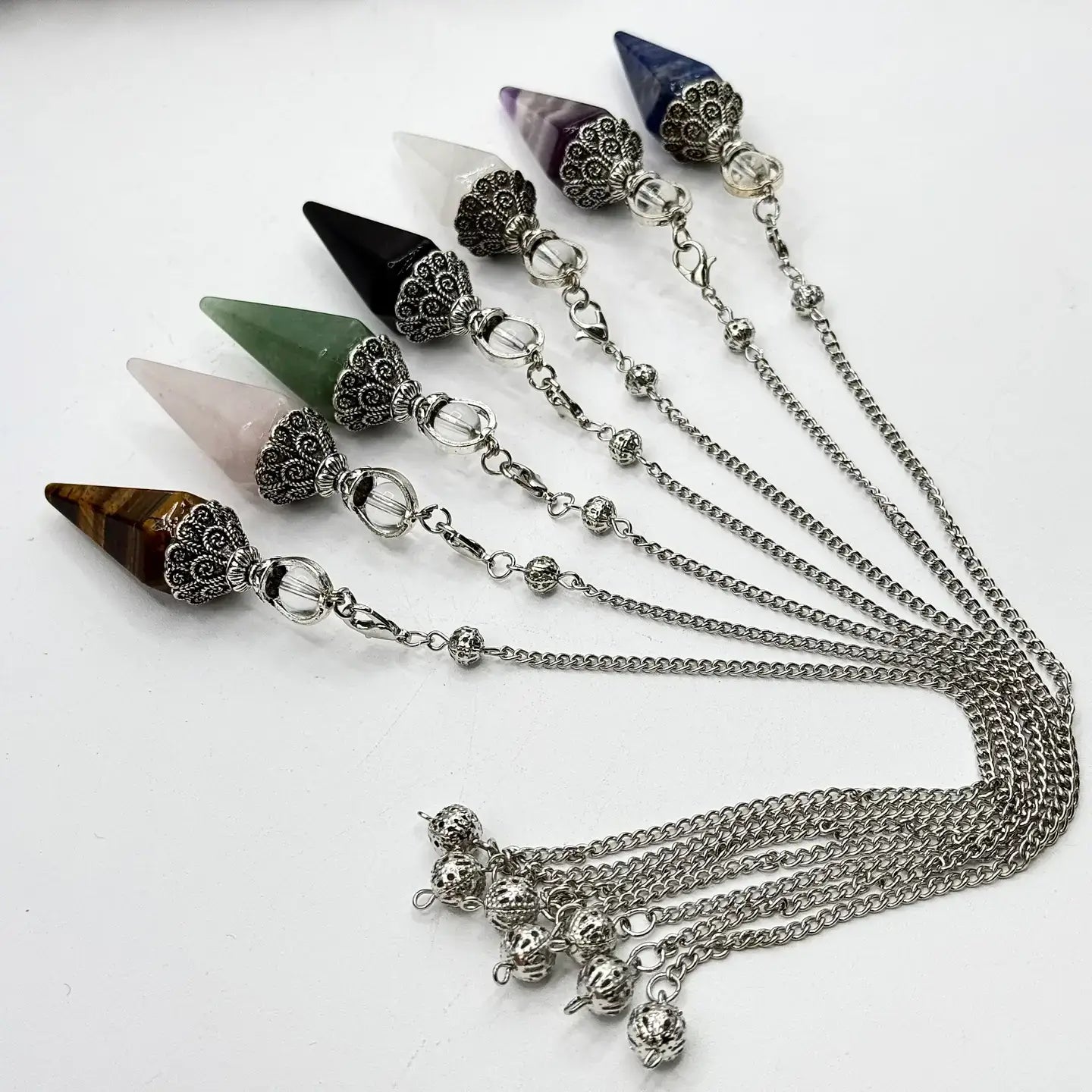 Double Cap Pendulums with Silver Plated Chain : Crytal Quartz