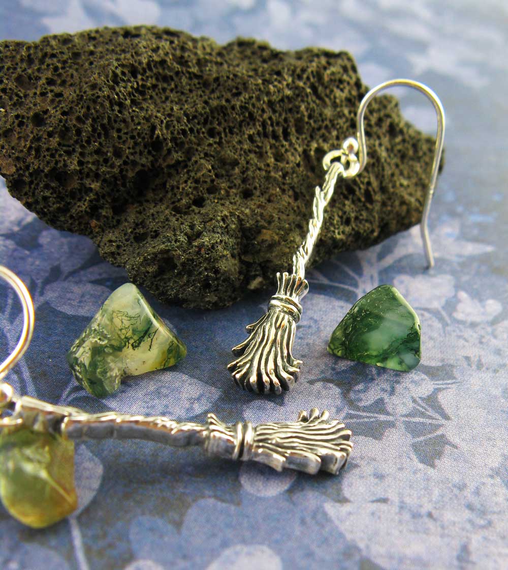 Witch's Broom Earrings, Handmade - 925 Sterling Silver