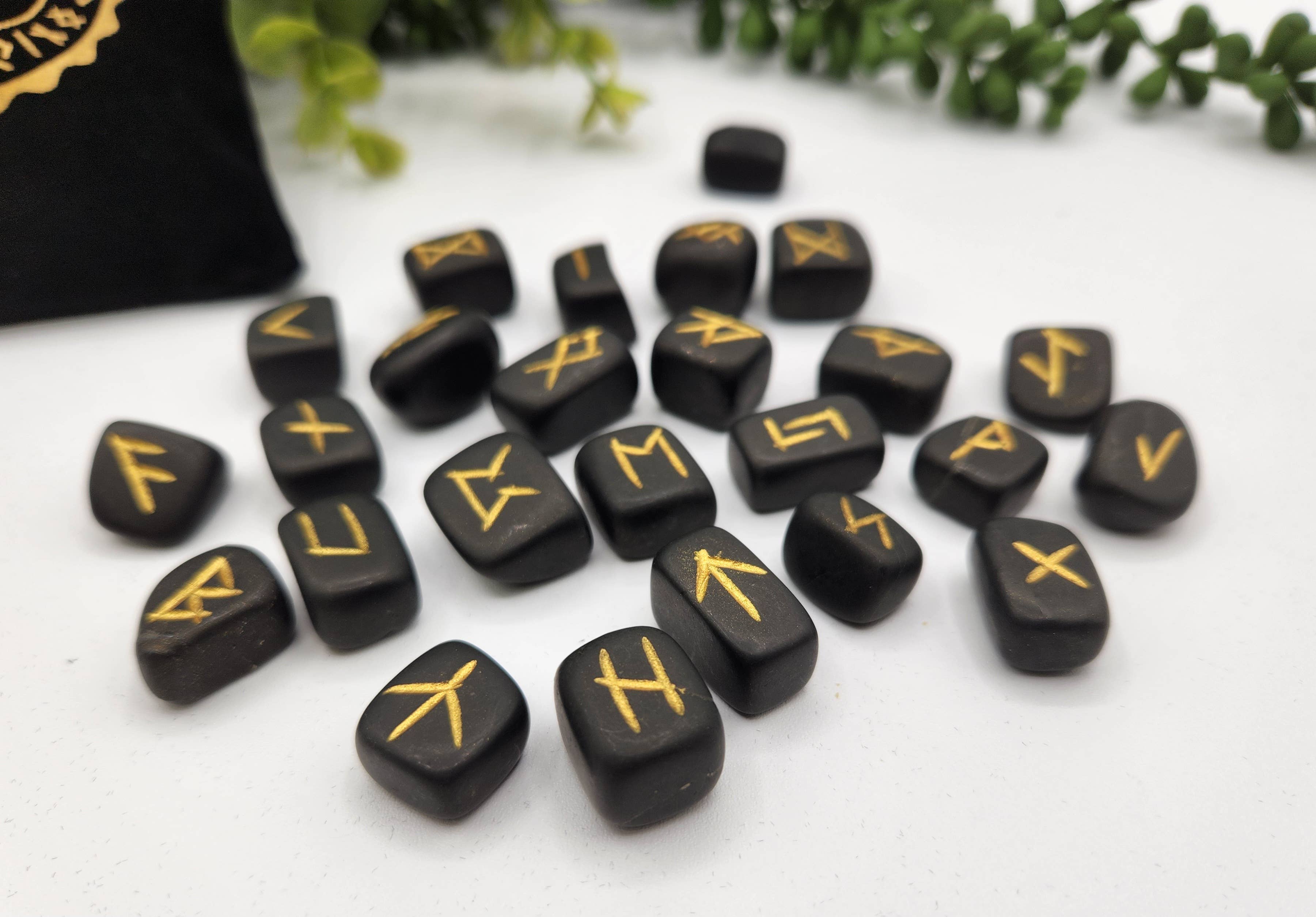 Shungite Semi-Precious Gemstone Rune Sets with Velvet Pouch