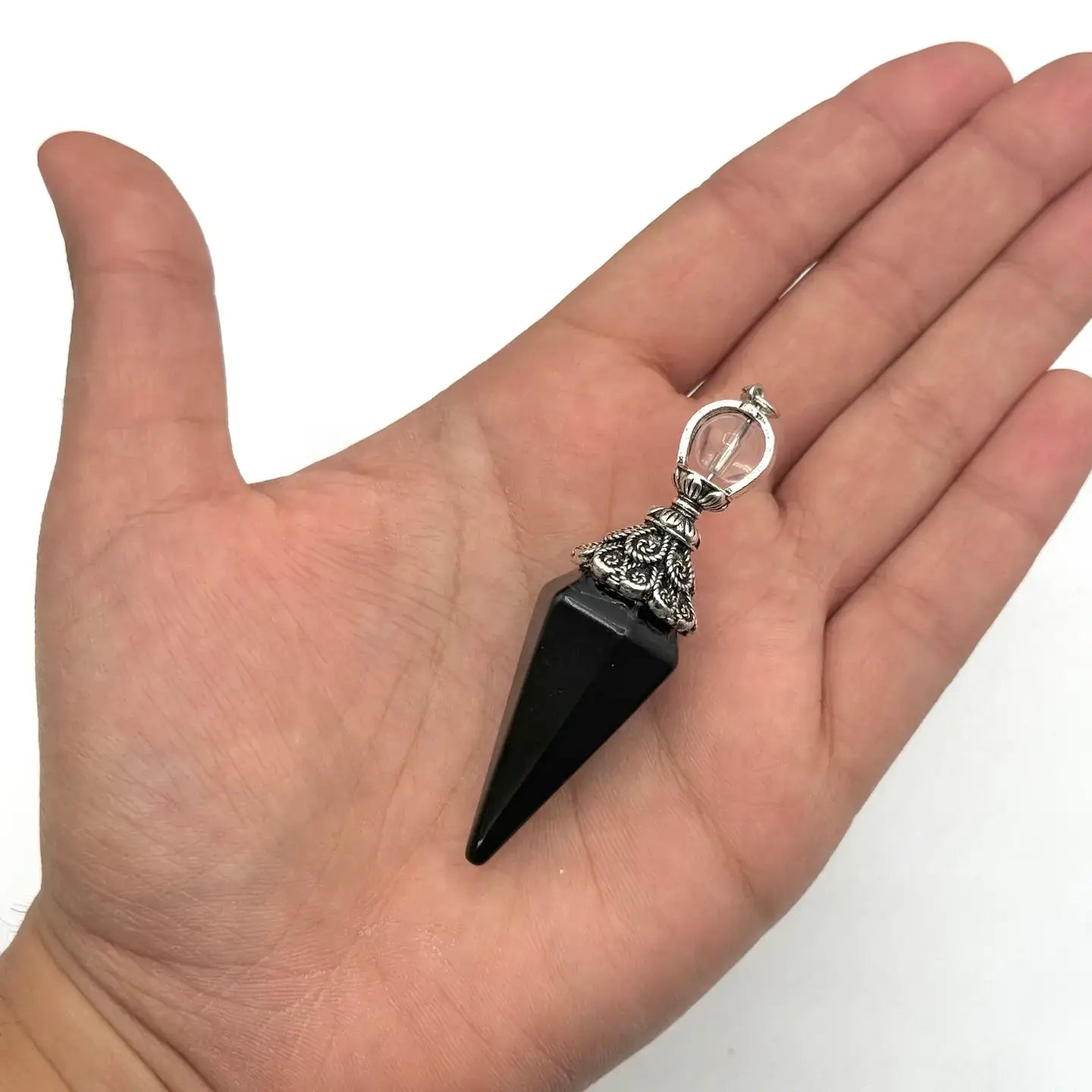 Double Cap Pendulums with Silver Plated Chain : Crytal Quartz