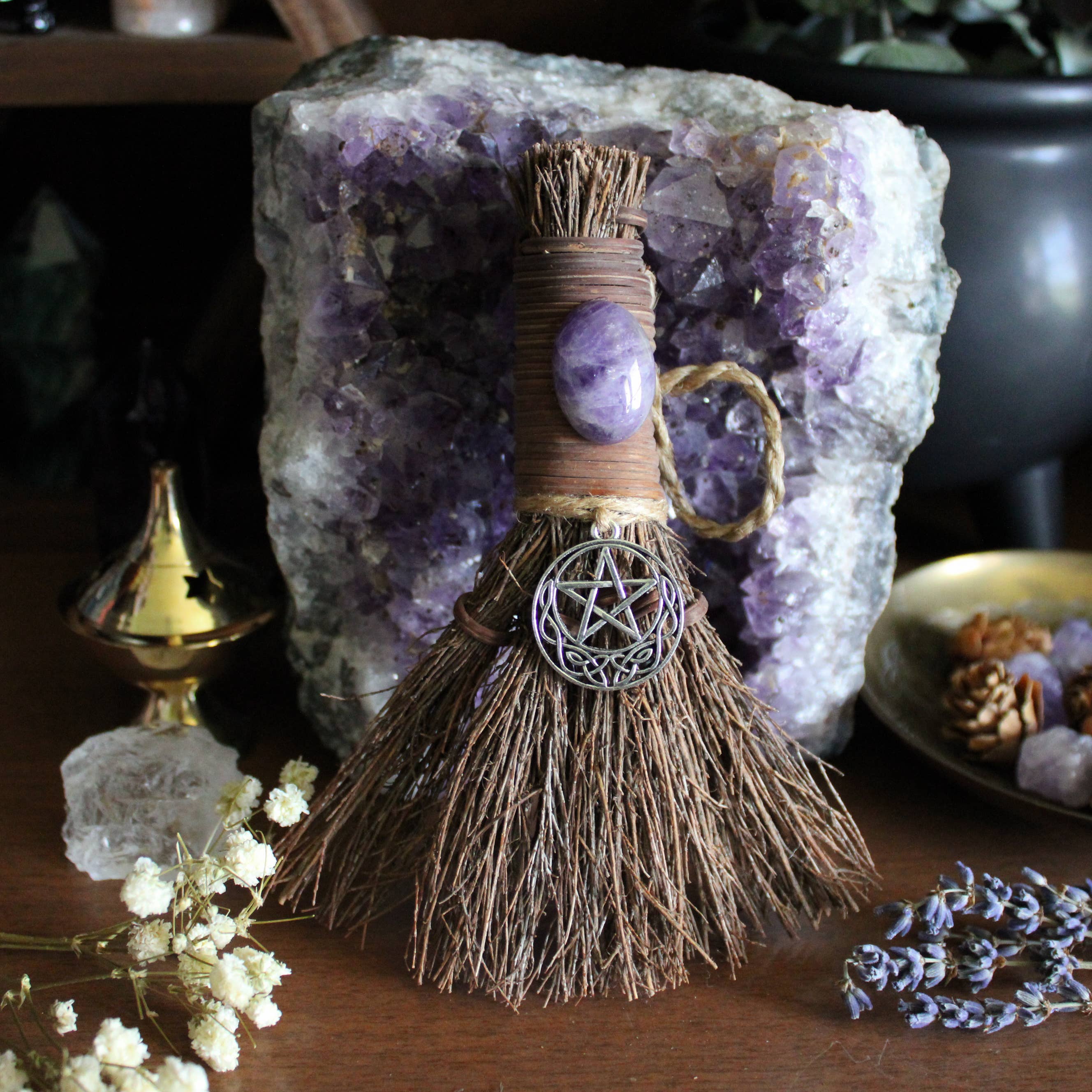 Celtic Pentacle Witch&#39;s Broom, Crystal Witchy Altar Besom: Amethyst / 6&quot;