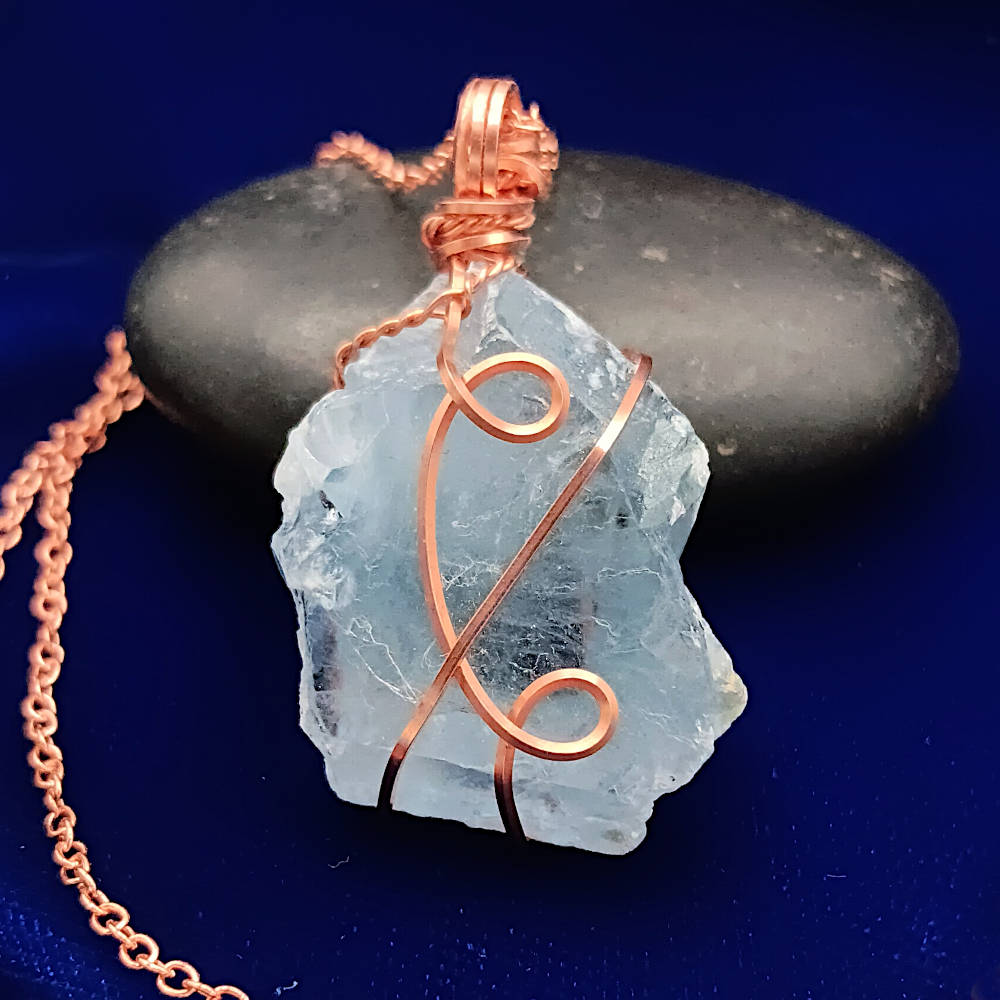 Celestite Crystal Wire-Wrapped Pendant in Copper, Sky-Blue Gemstone Necklace, Handmade