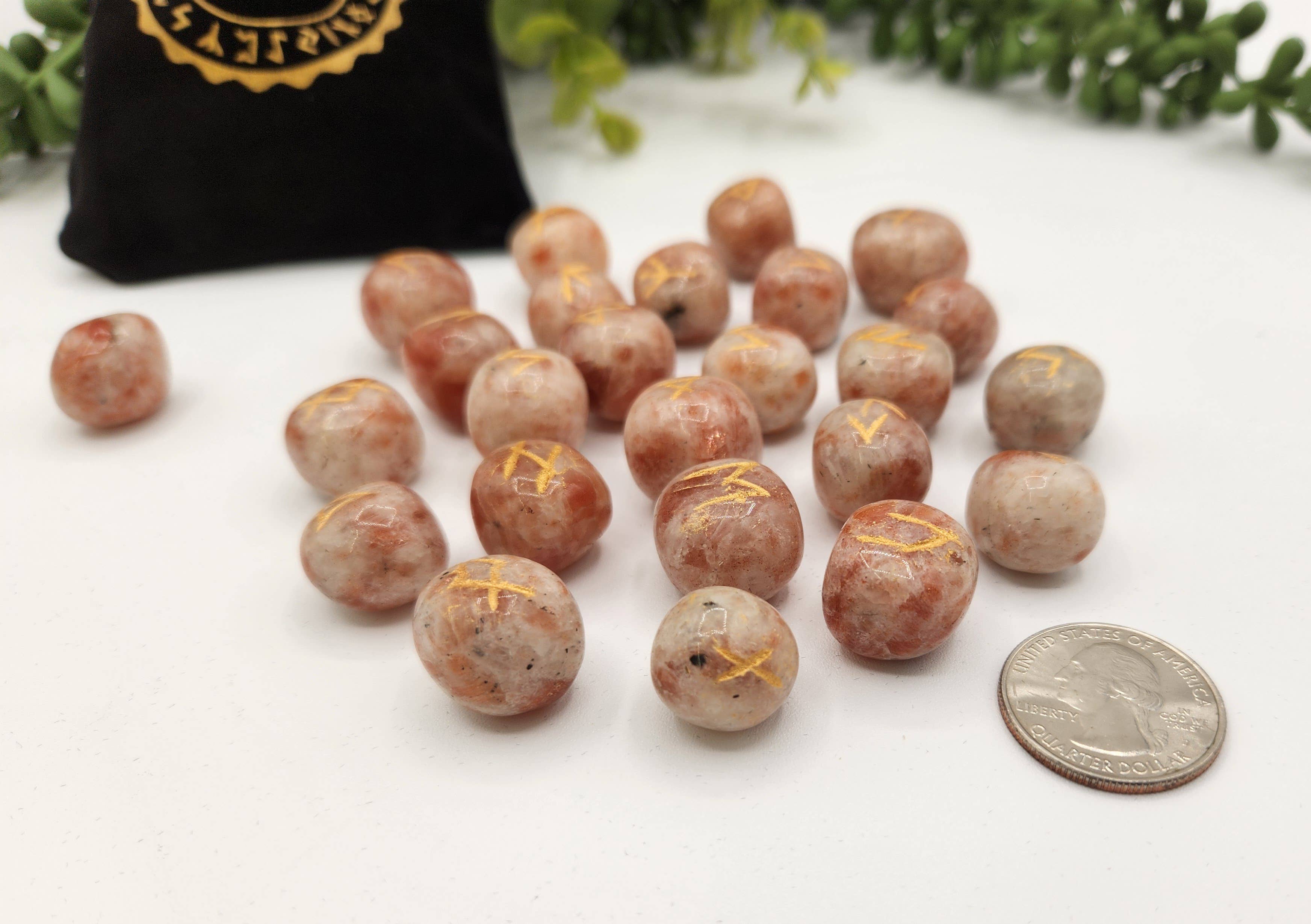 Sunstone Semi-Precious Gemstone Rune Sets + Velvet Pouch