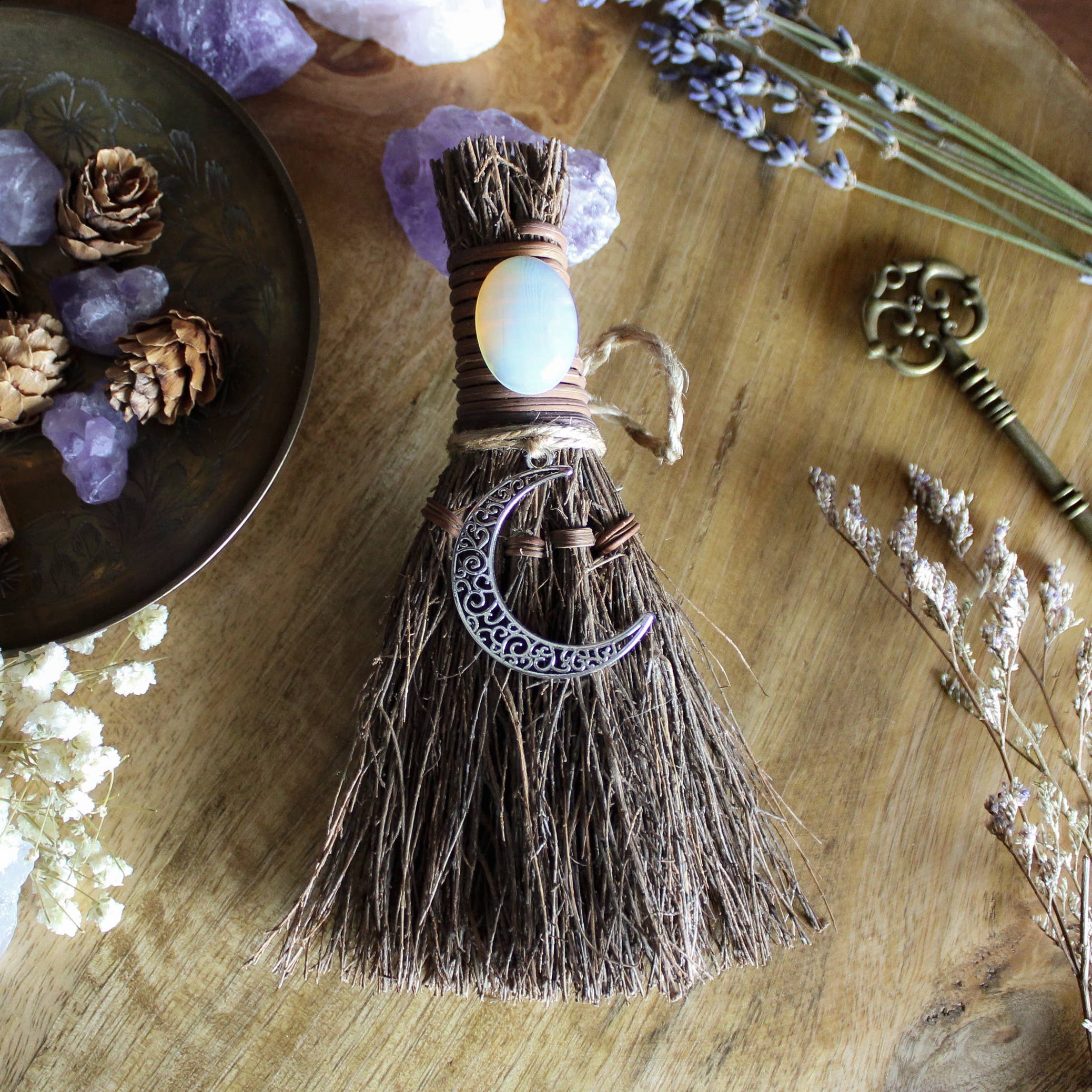 Crescent Moon Witch&#39;s Broom, Crystal Witch Altar Besom: Opalite / 6&quot;