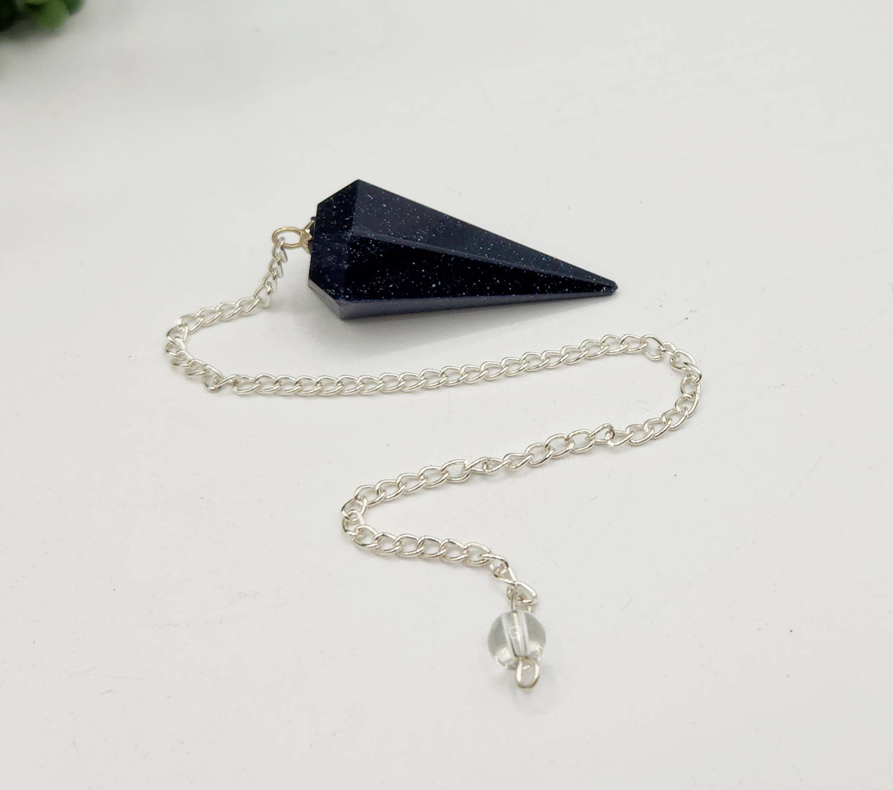 Blue Goldstone Pendulum w/Silver Plated Chain& Clear Quartz