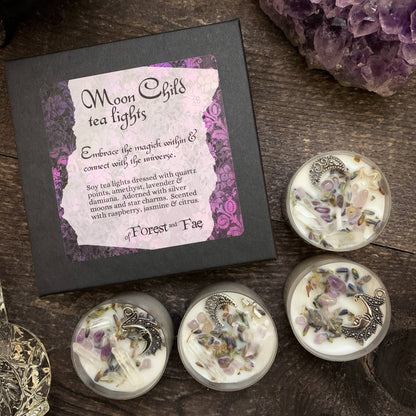 Moon Child Tea Light Candle Set • Witchy Crystal Candles