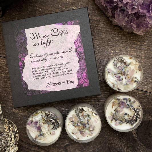 Moon Child Tea Light Candle Set • Witchy Crystal Candles