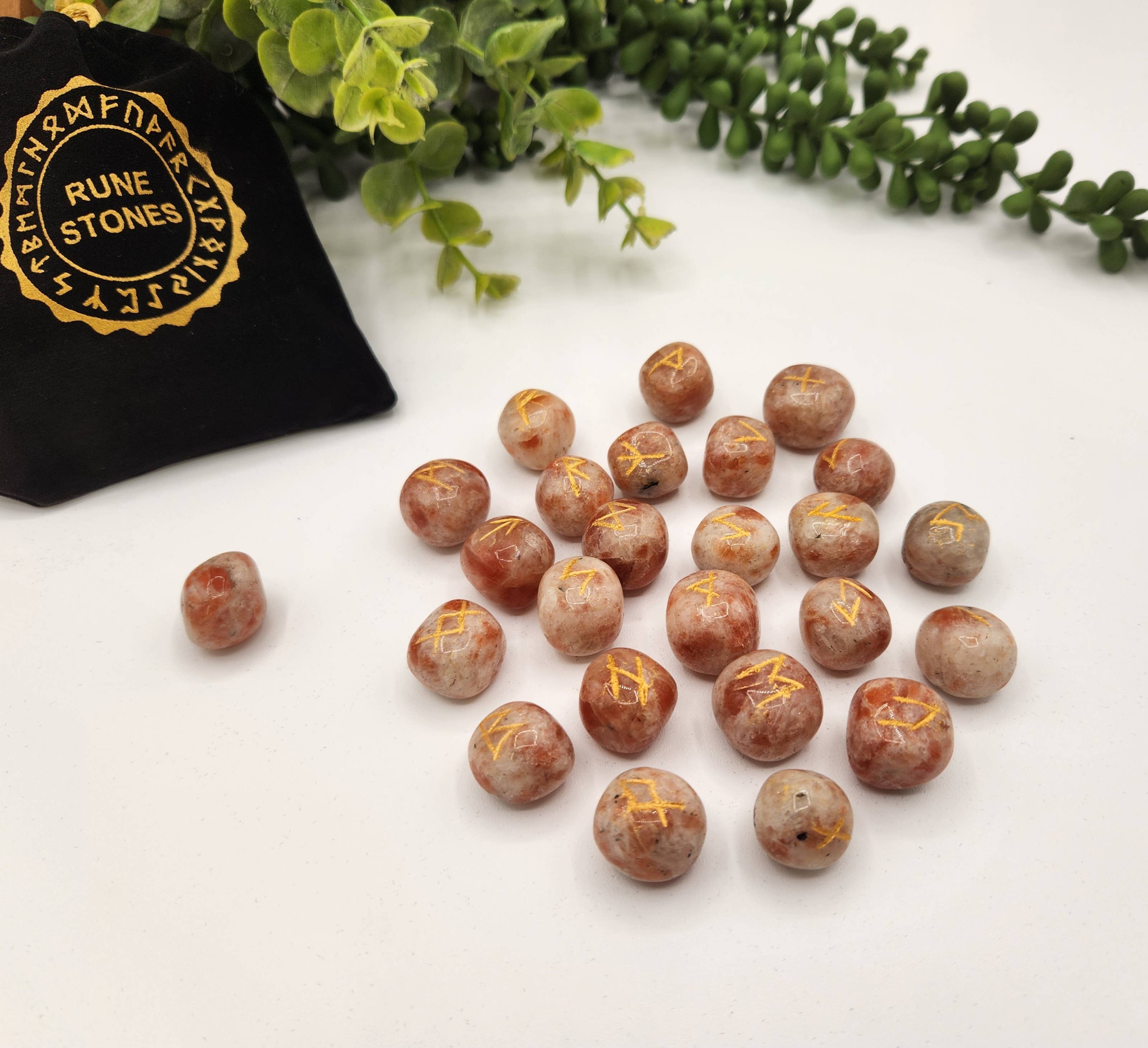 Sunstone Semi-Precious Gemstone Rune Sets + Velvet Pouch