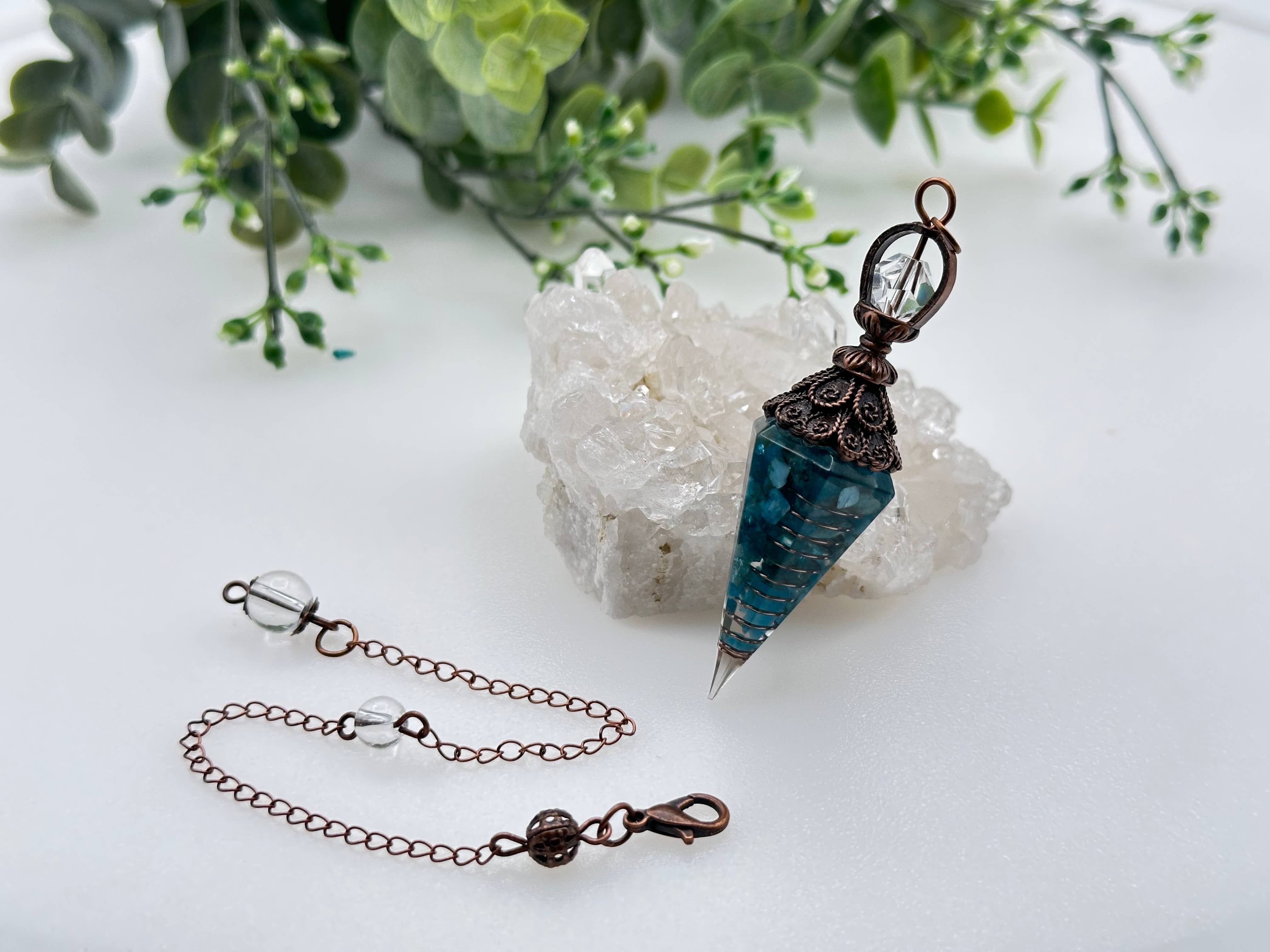 Blue Apatite Gemstone Chips w/ Copper in Resin Pendulum