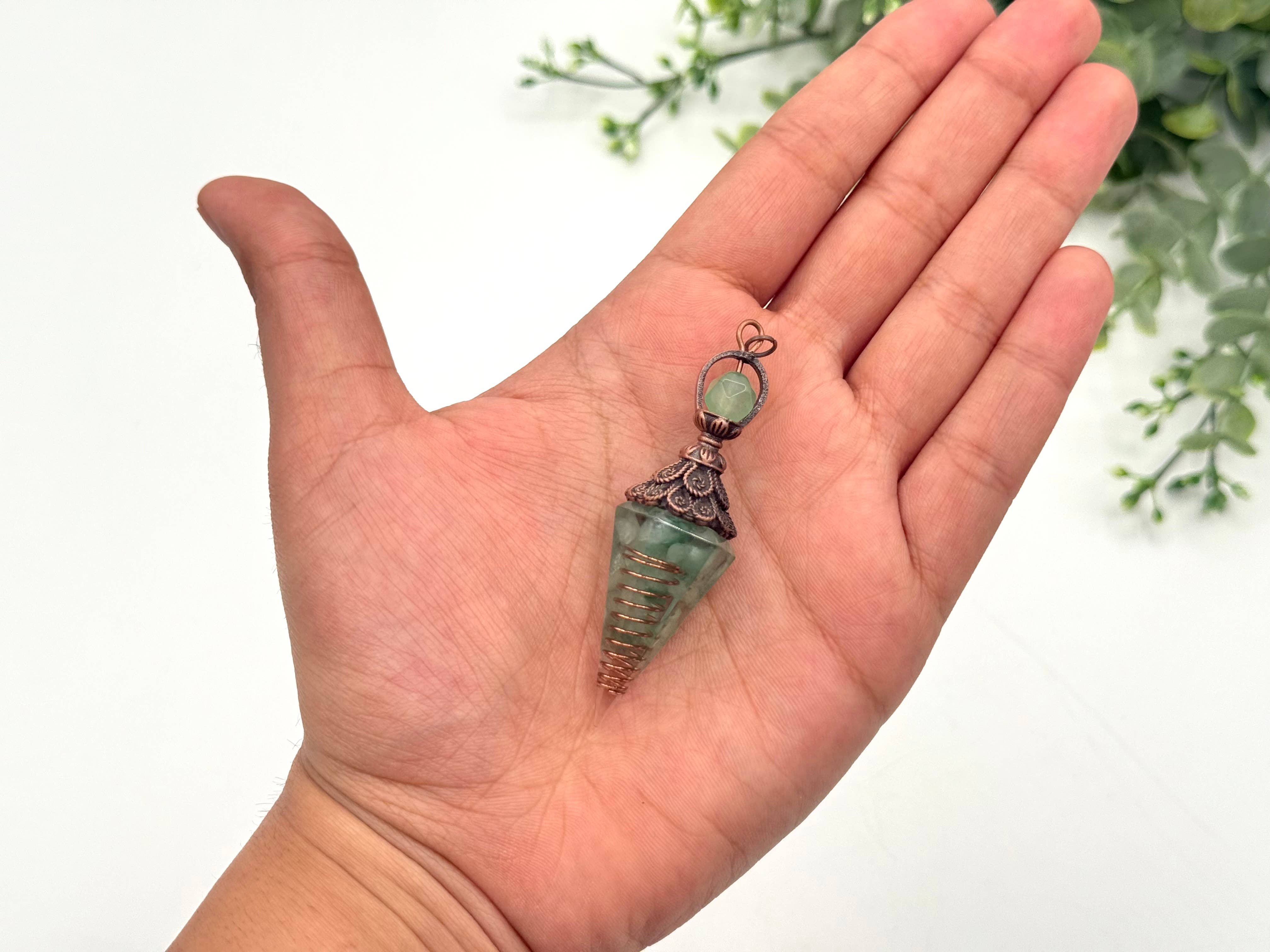 Green Aventurine Gemstone Chips w/ Copper & Resin Pendulum