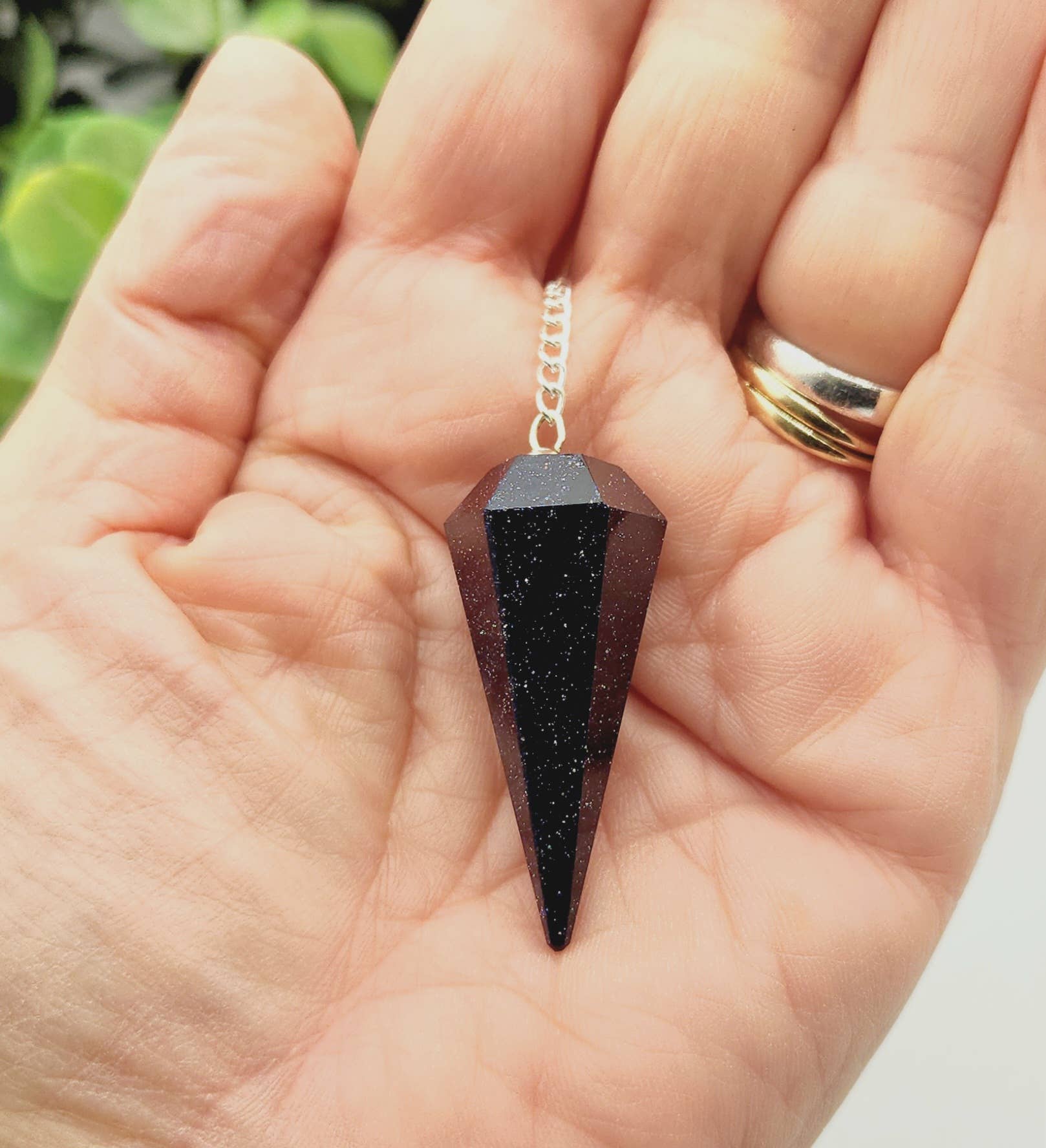 Blue Goldstone Pendulum w/Silver Plated Chain& Clear Quartz