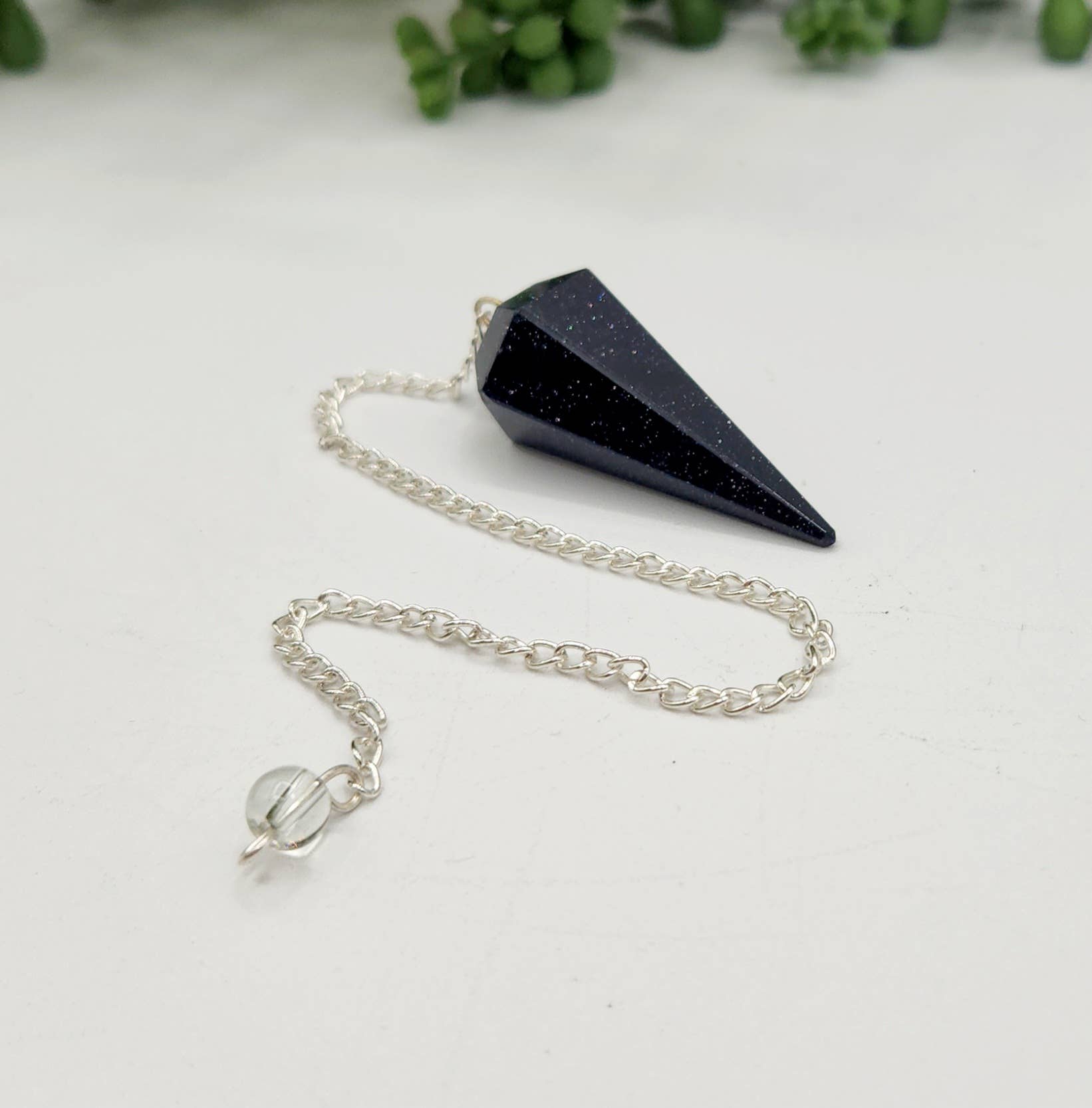 Blue Goldstone Pendulum w/Silver Plated Chain& Clear Quartz