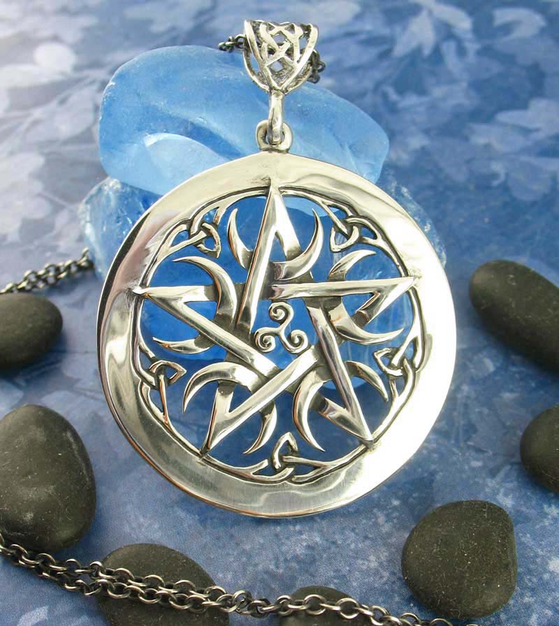 Large 1.5" Five Crescent Moons Celtic Pentacle Pendant, Handmade