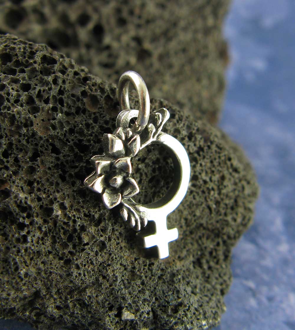 Tiny Feminist Symbol Pendant or Charm with Flowers, Handmade