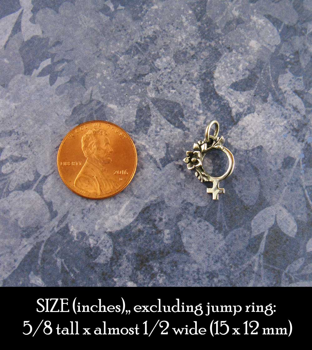 Tiny Feminist Symbol Pendant or Charm with Flowers, Handmade