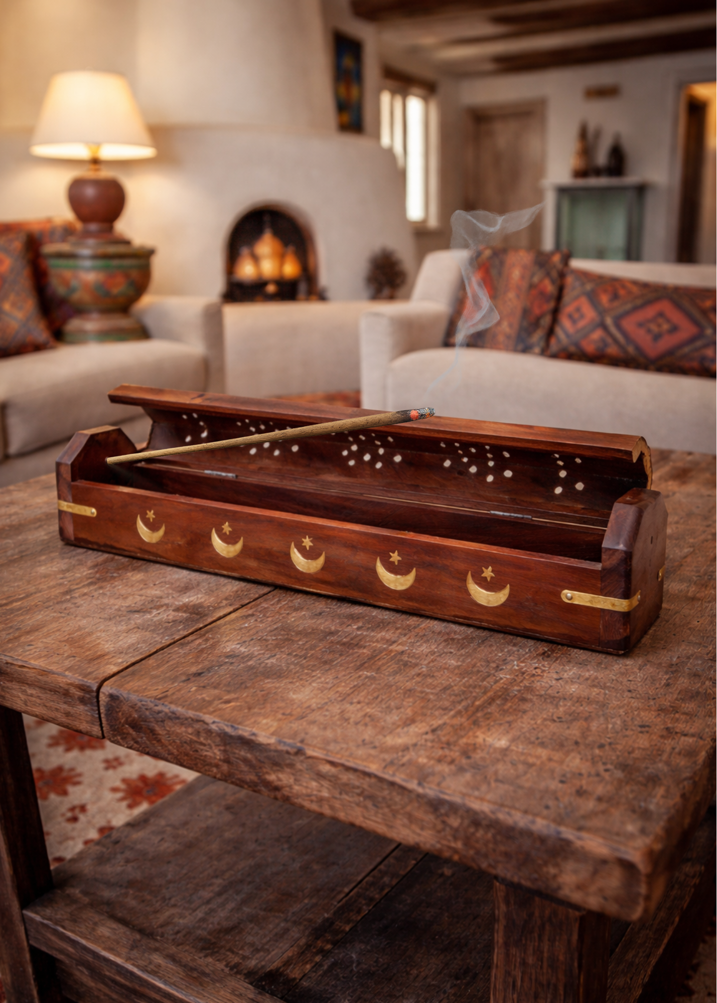 Brass Inlay Moon &amp; stars Coffin Incense Burner