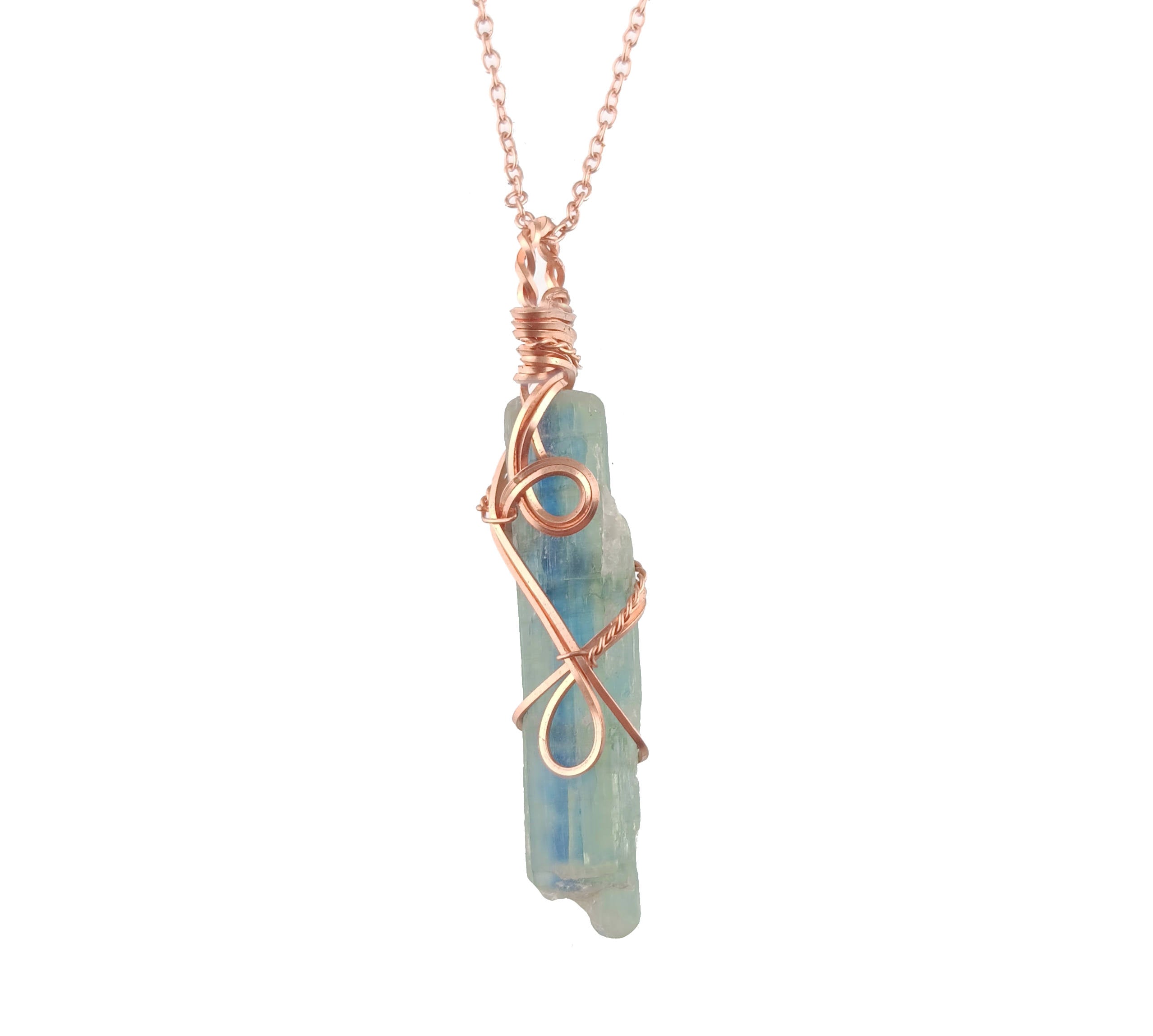 Raw Blue Kyanite Crystal Pendant Necklace w/ 2 Swirls, Copper Wire-Wrapped, Handmade