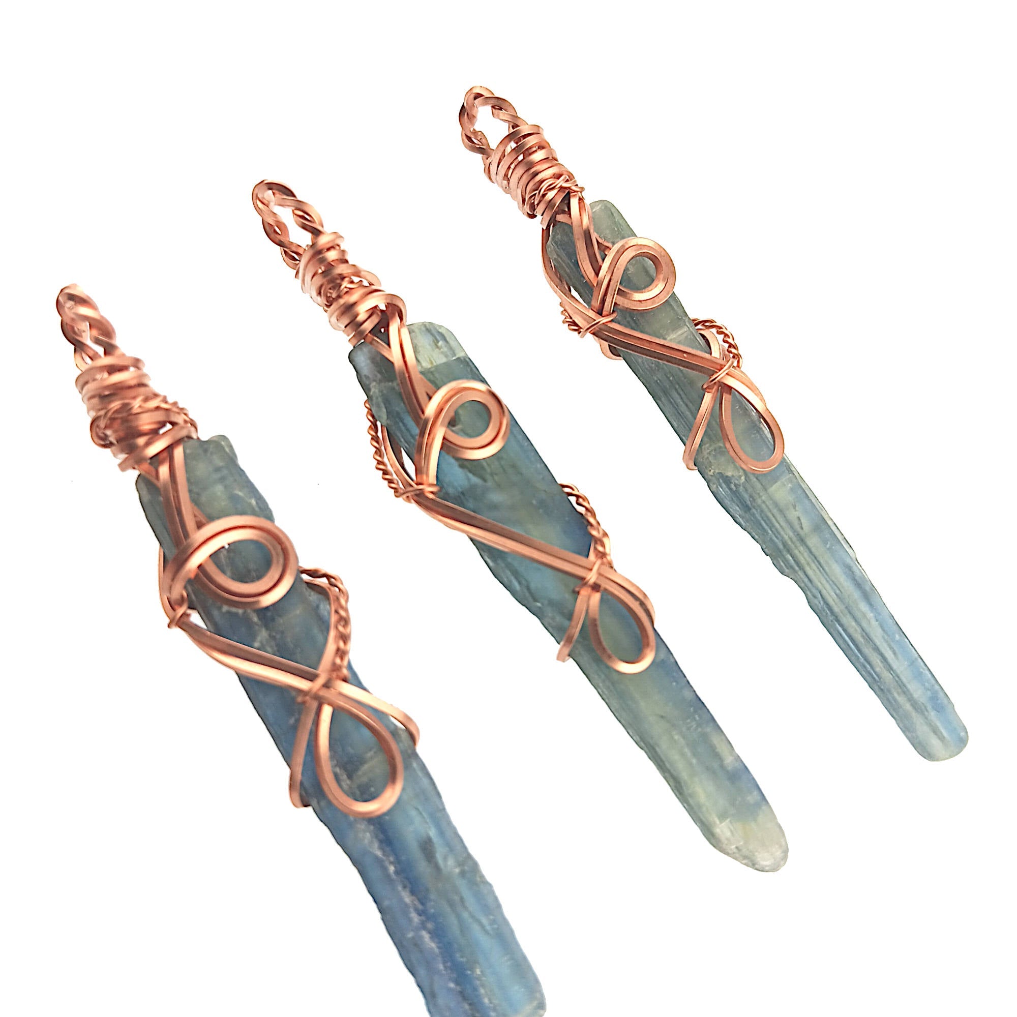 Raw Blue Kyanite Crystal Pendant Necklace w/ 2 Swirls, Copper Wire-Wrapped, Handmade