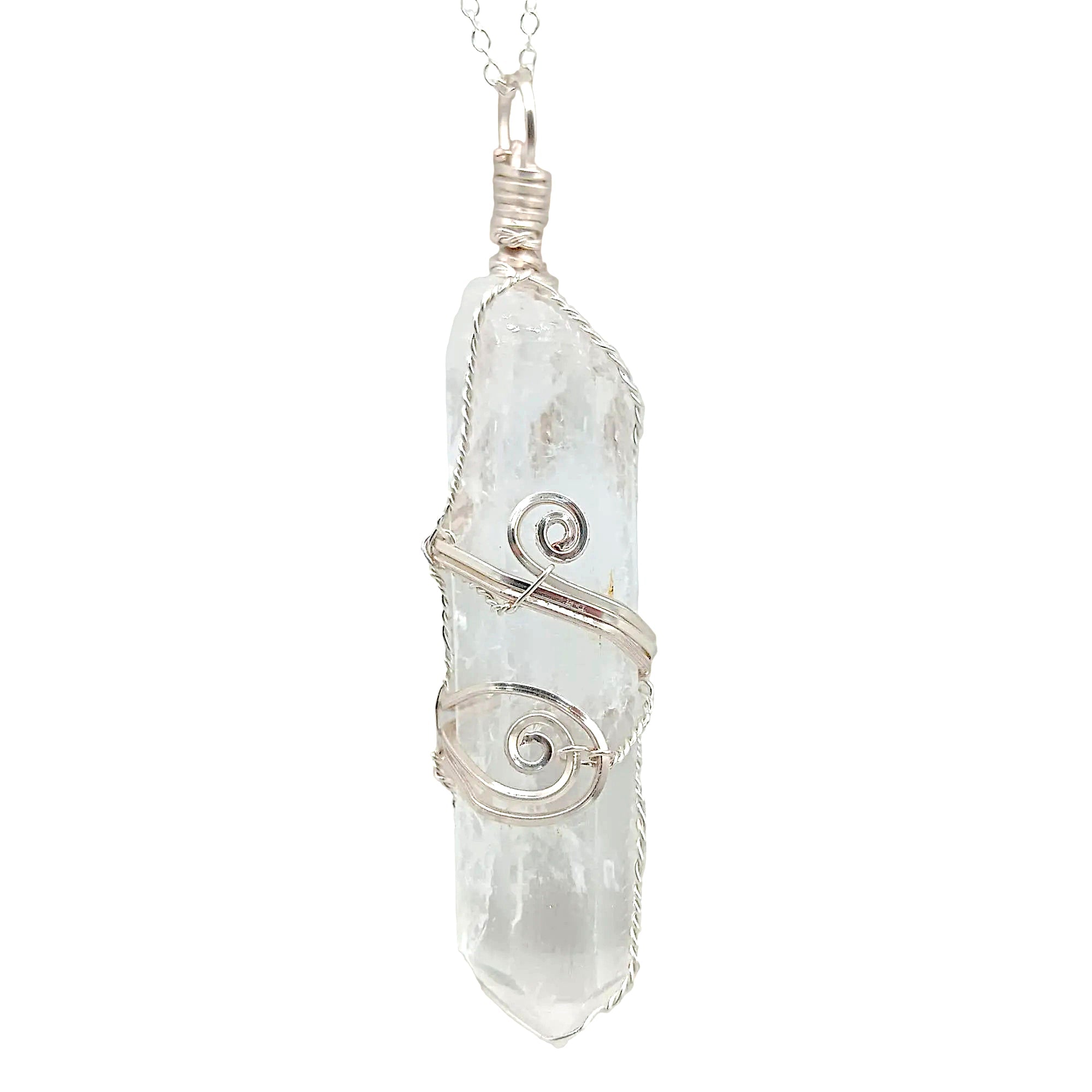 Raw Quartz Crystal Point Pendant – Silver-Plated Wire Wrapped Necklace, Handmade