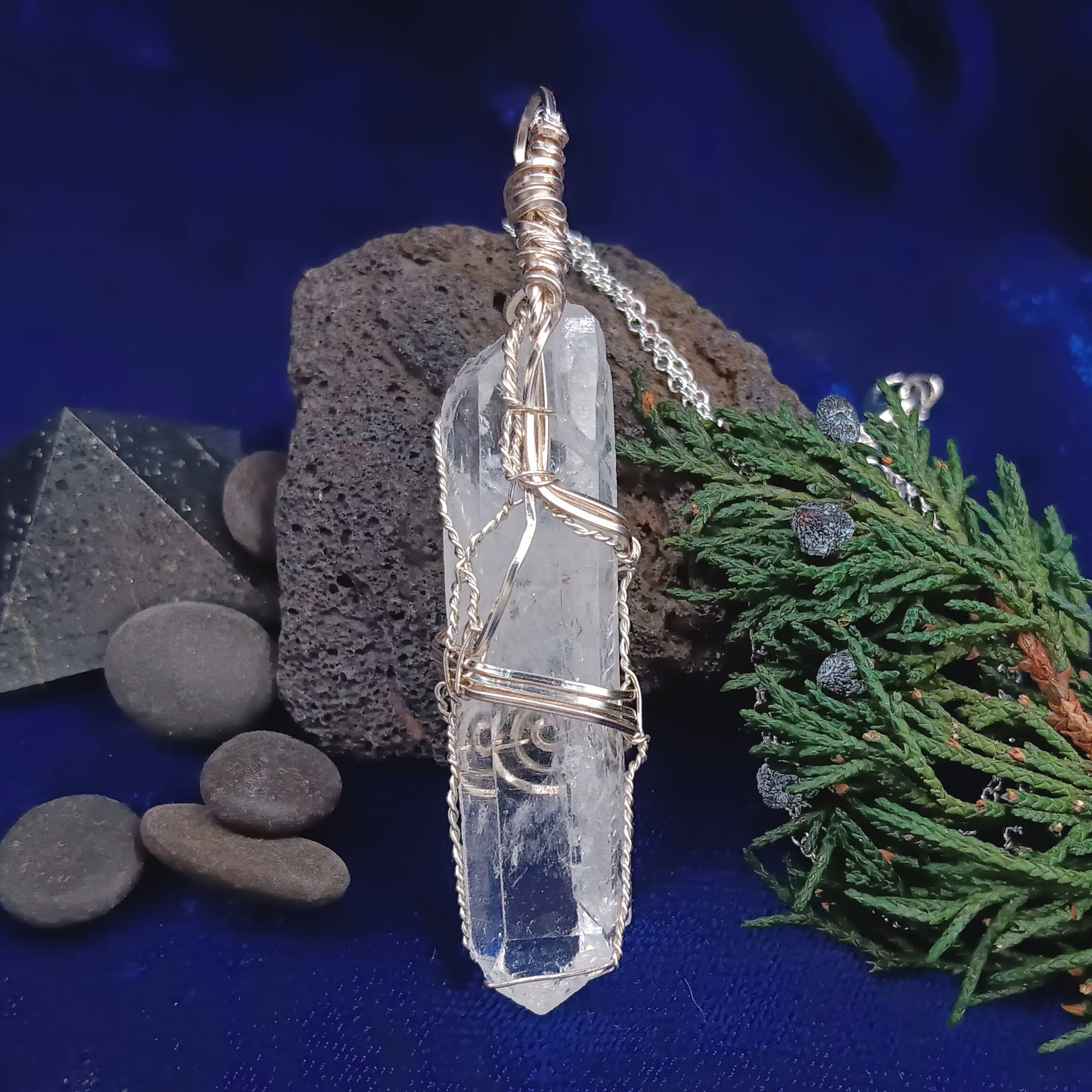 Raw Quartz Crystal Point Pendant – Silver-Plated Wire Wrapped Necklace, Handmade