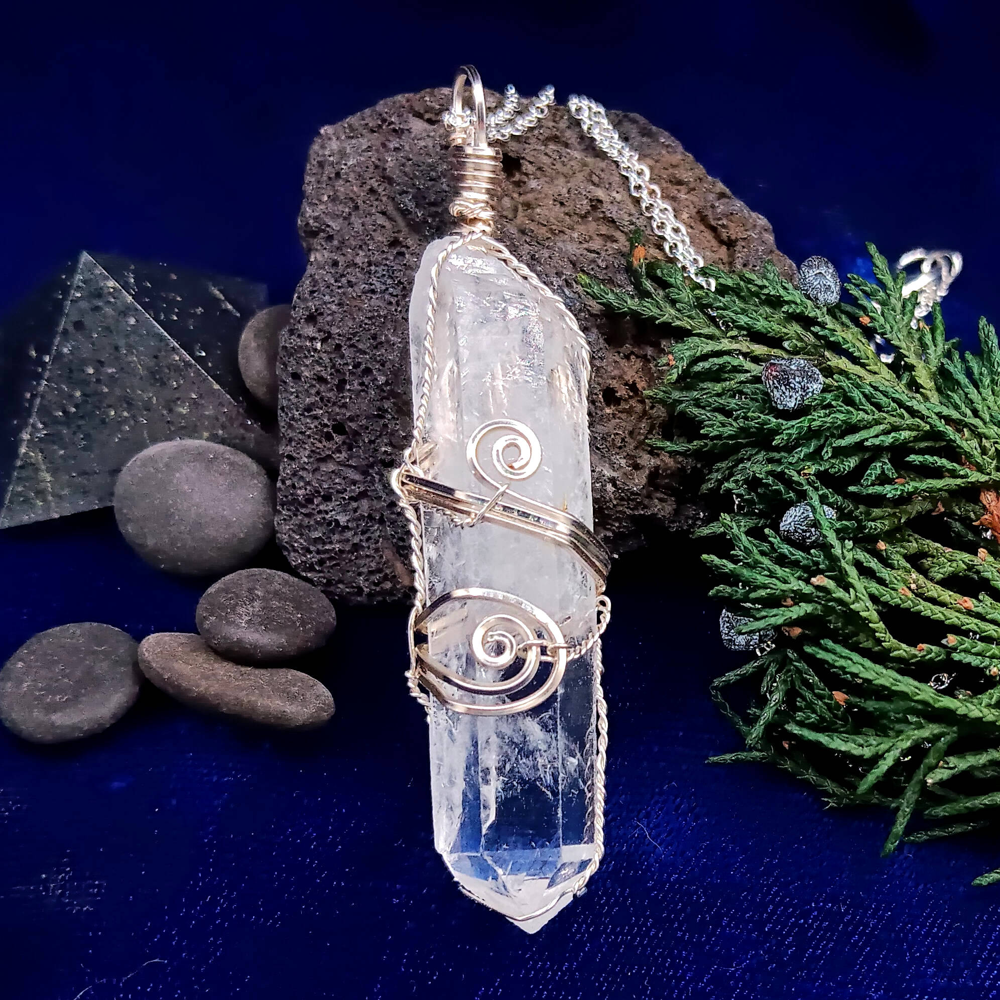 Raw Quartz Crystal Point Pendant – Silver-Plated Wire Wrapped Necklace, Handmade