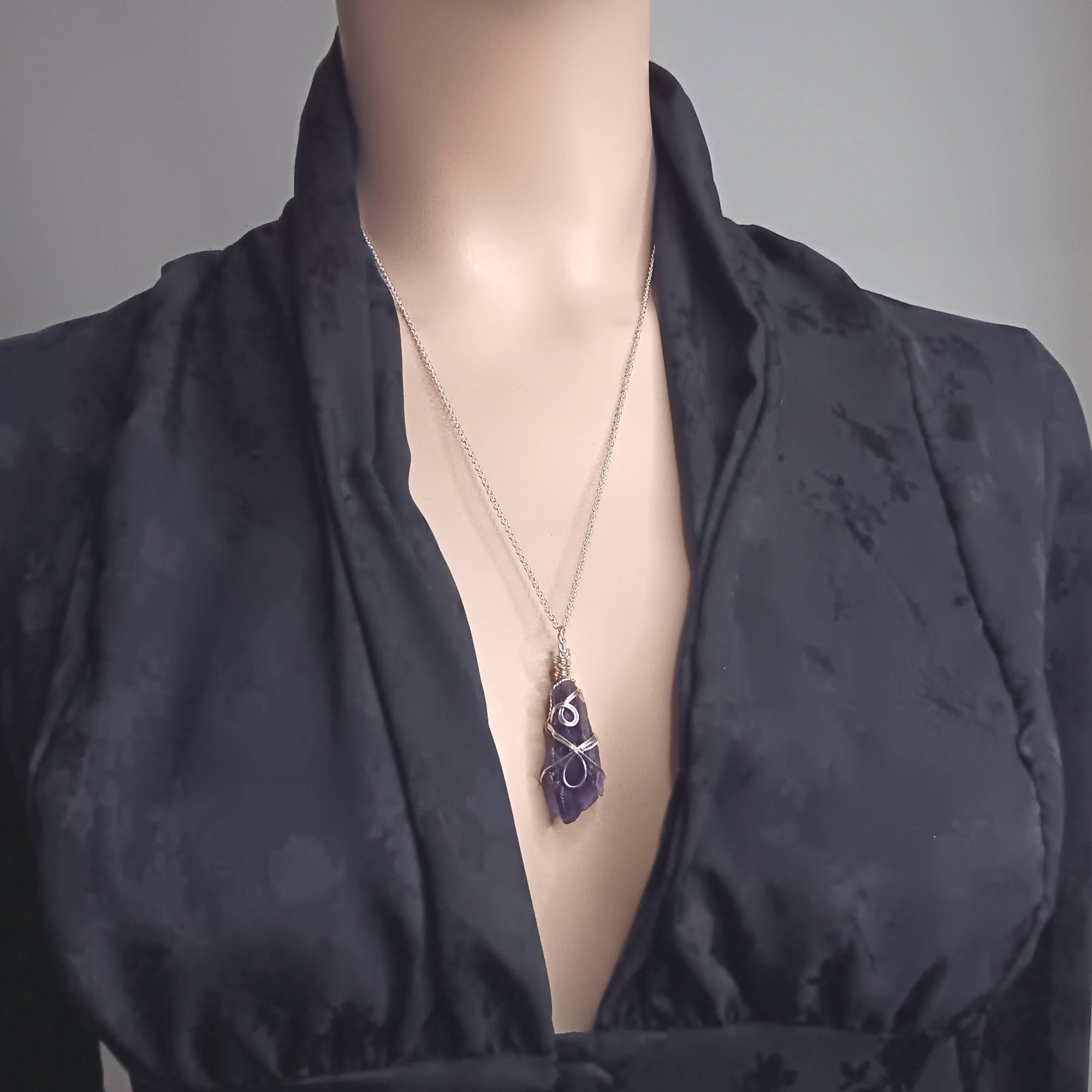Raw Amethyst Crystal Point Pendant – Handmade Silver-Plated Wire Wrapped Necklace