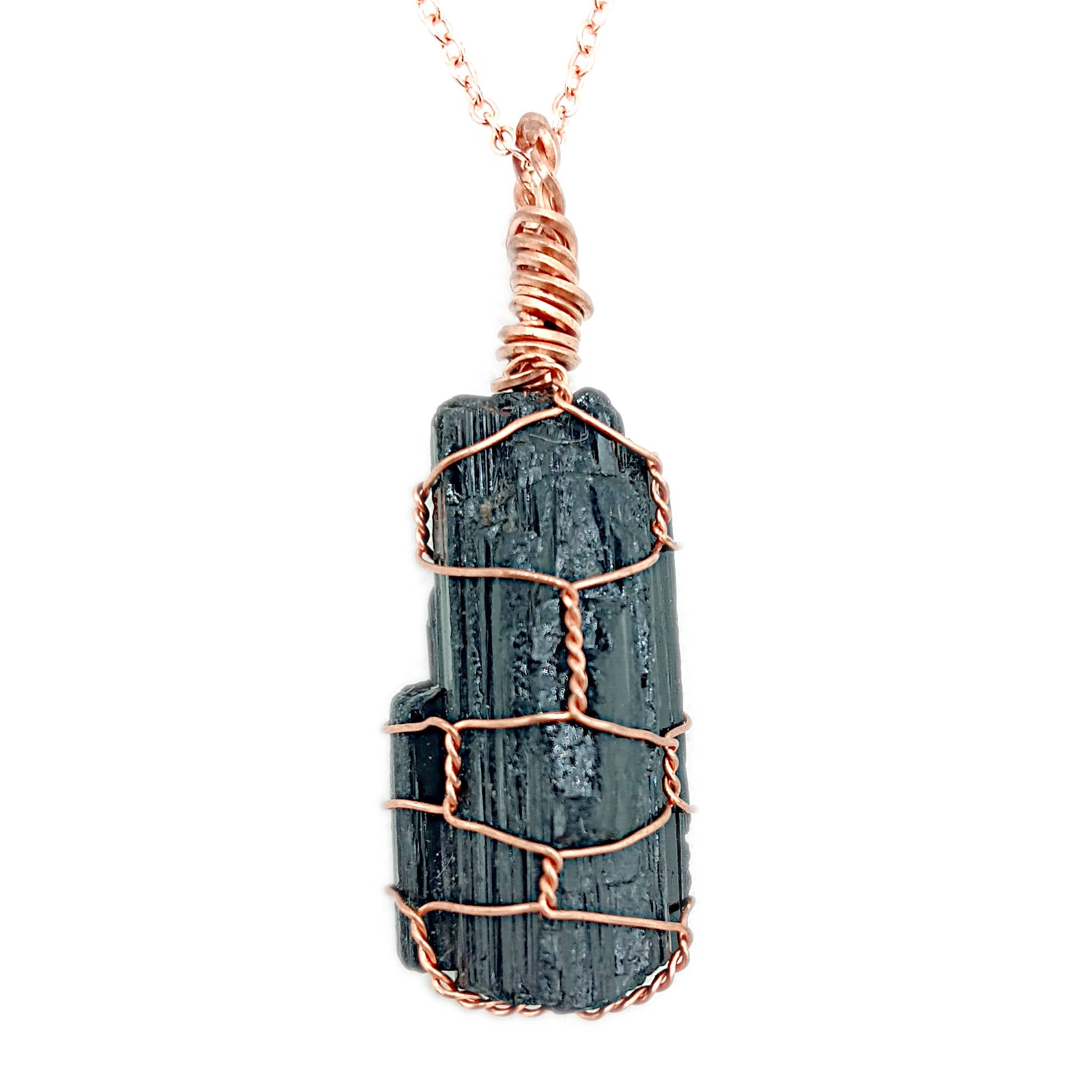 Raw Black Tourmaline Crystal Pendant Necklace, Copper Wire-Wrapped, Handmade