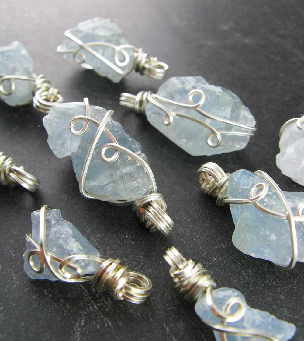 Raw Blue Celestite Crystal Pendant, Silver Wire-Wrapped, Handmade