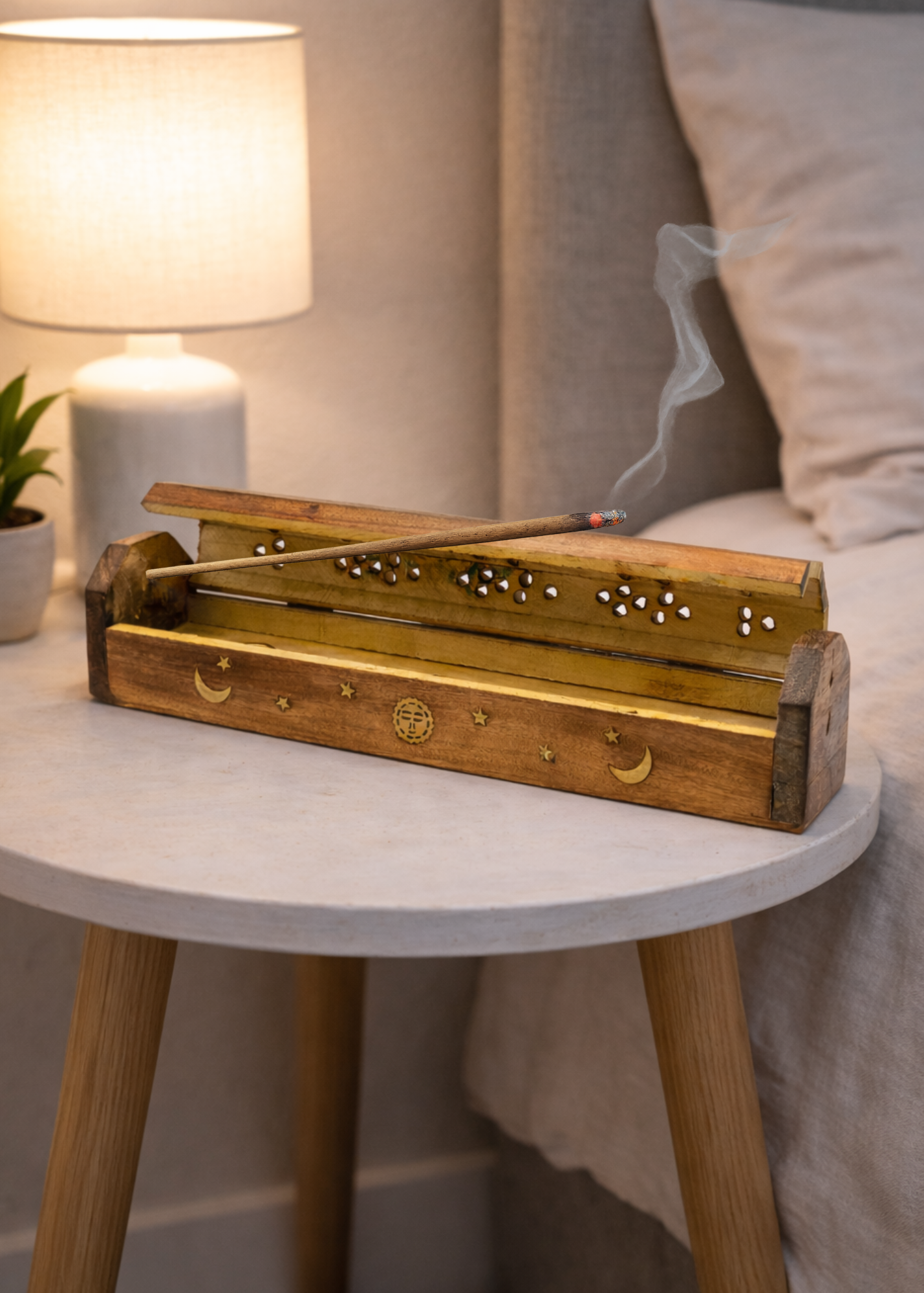 Brass Inlay Sun &amp; Moon Coffin Incense Burner