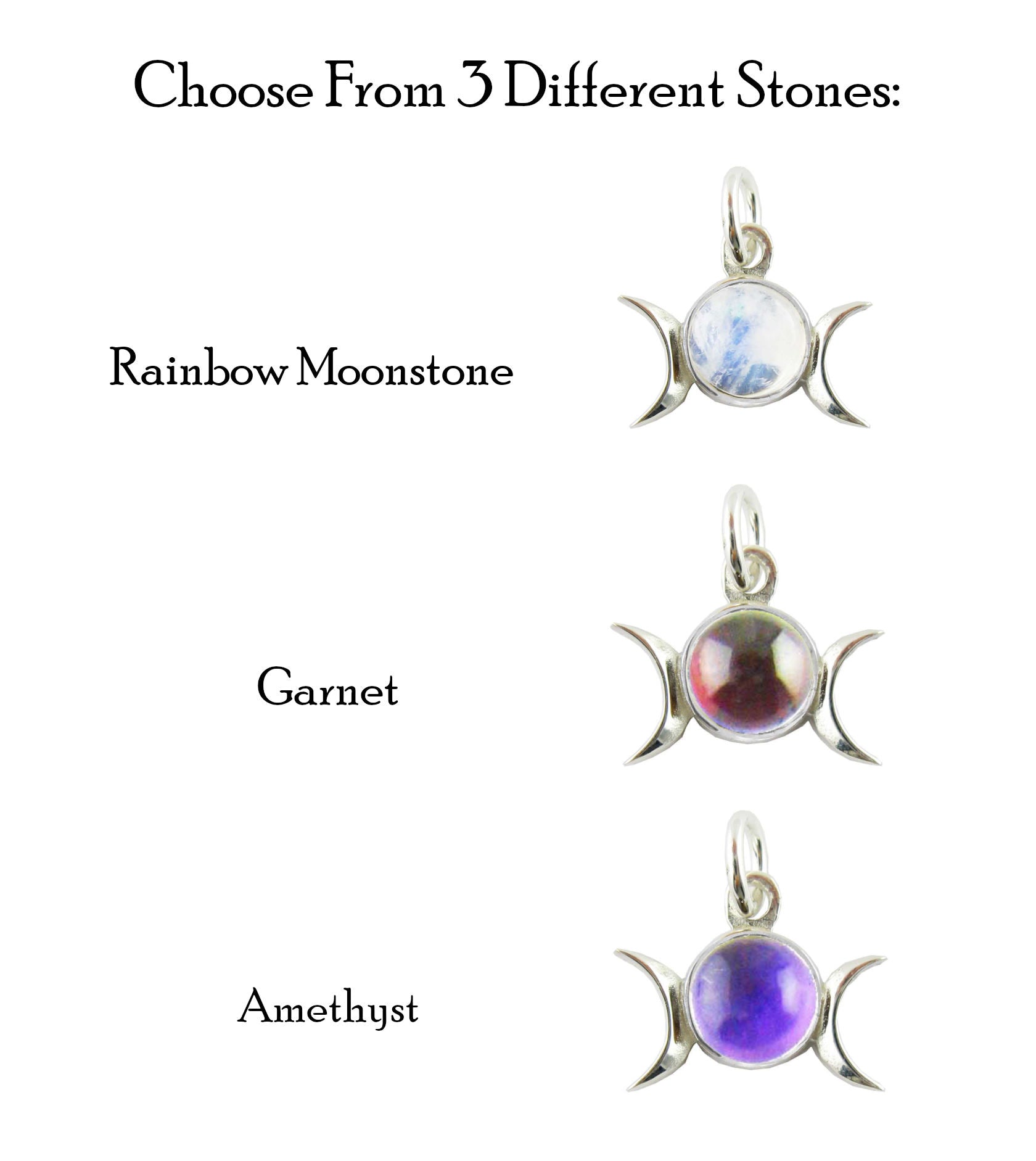 Triple Moon Charm Pendant w/ Gemstone, Handmade - 925 Sterling Silver