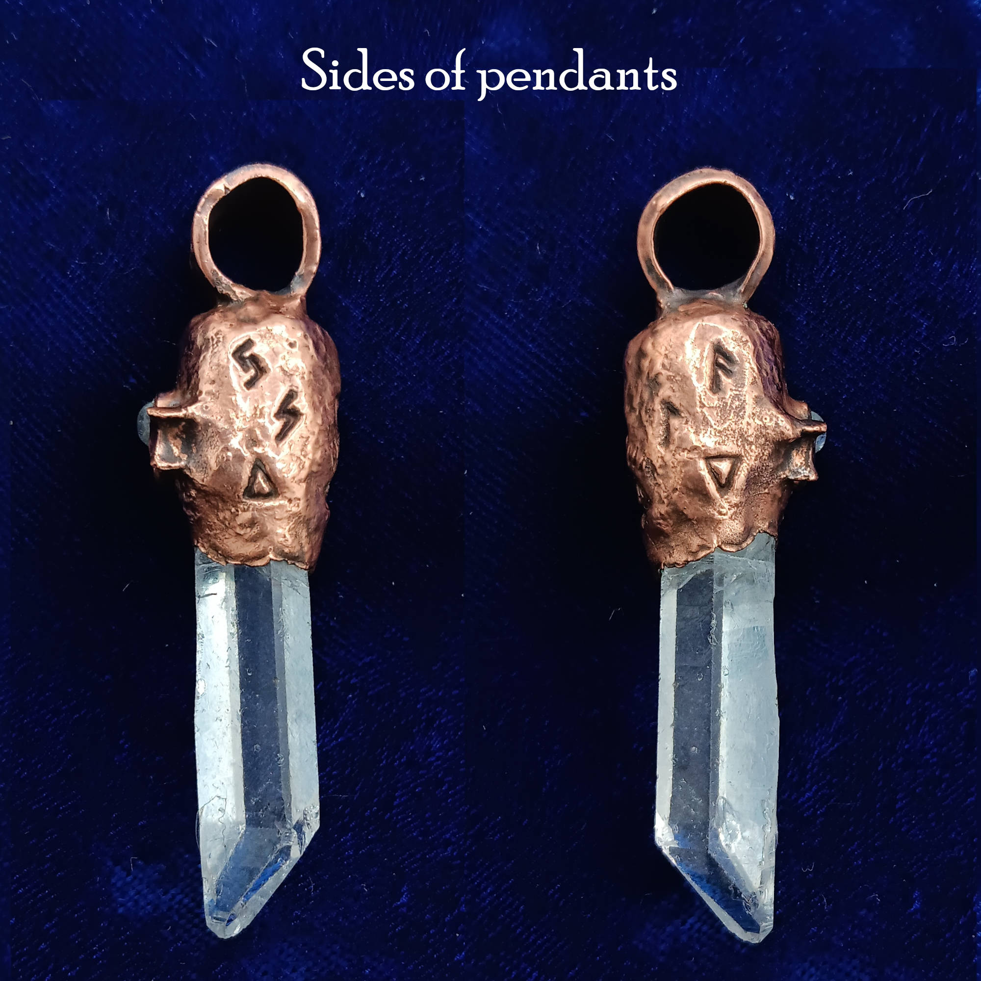 Clear Quartz Copper Pendant – Triple Moon Rune Amulet, Handmade Crystal Jewelry