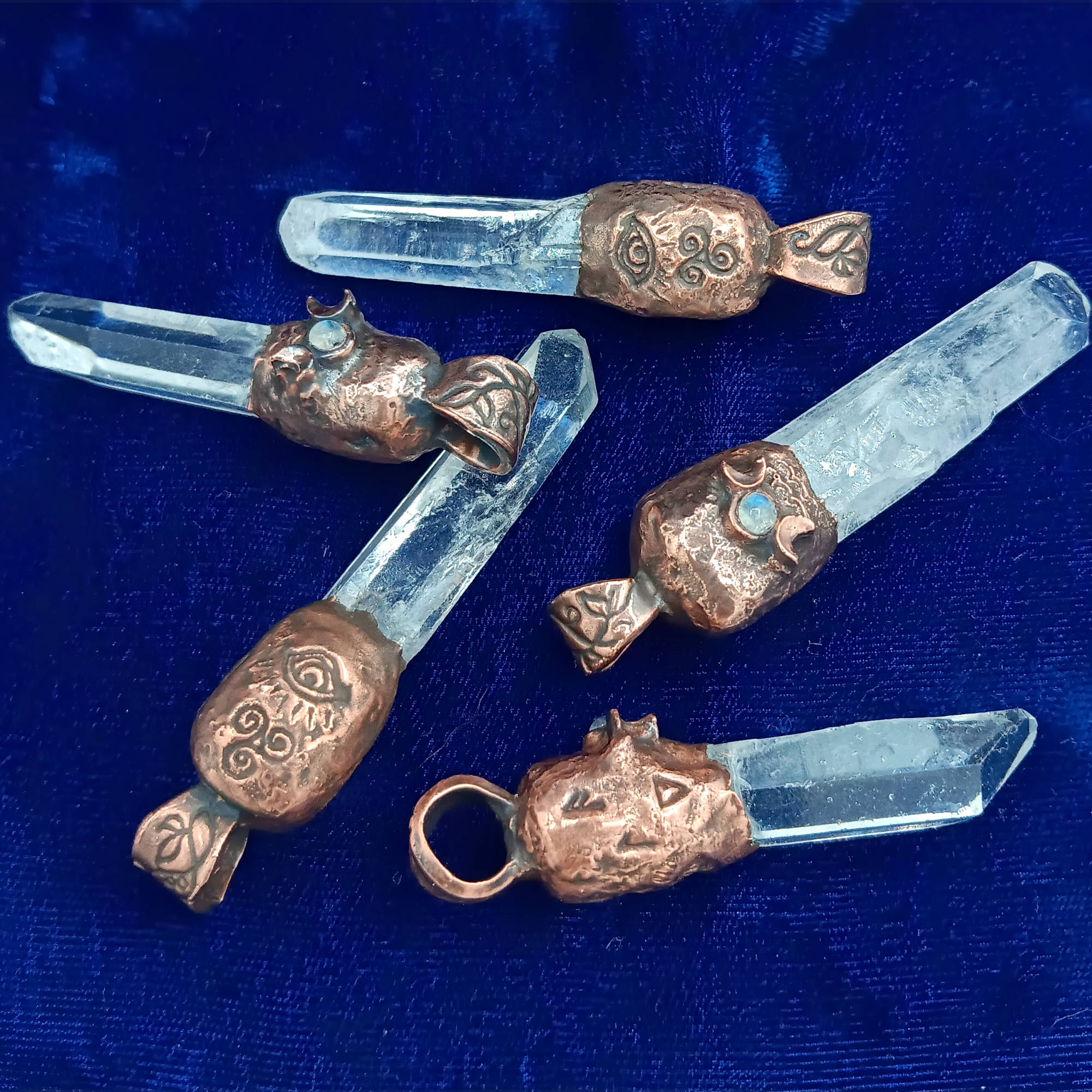 Clear Quartz Copper Pendant – Triple Moon Rune Amulet, Handmade Crystal Jewelry