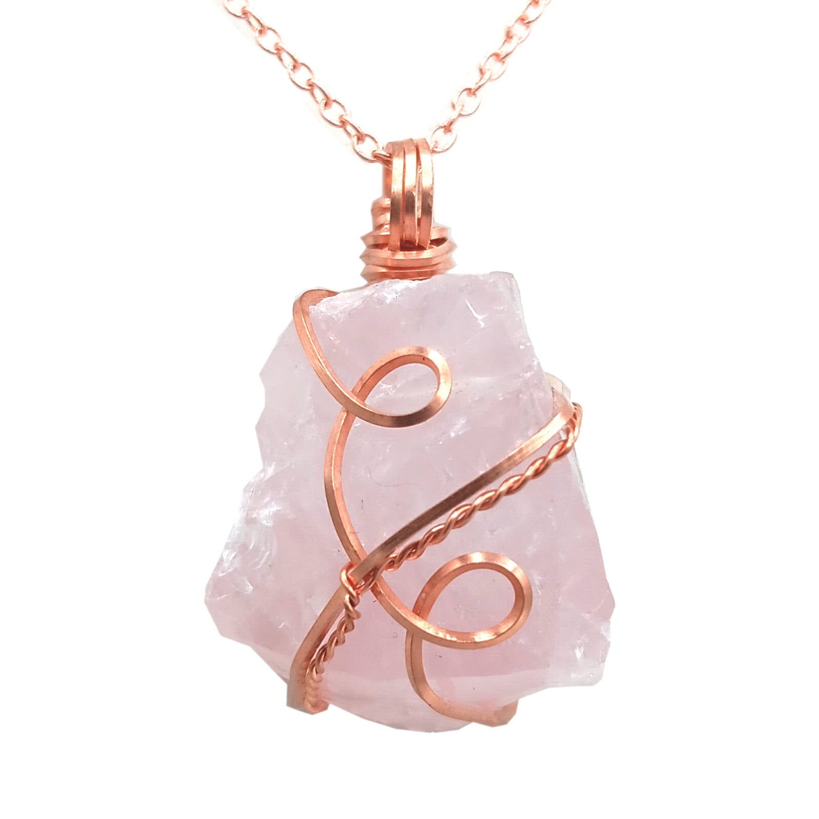 Chunky Raw Rose Quartz Copper Wire-Wrapped Pendant – Handmade Healing Crystal Necklace for Love & Heart Chakra