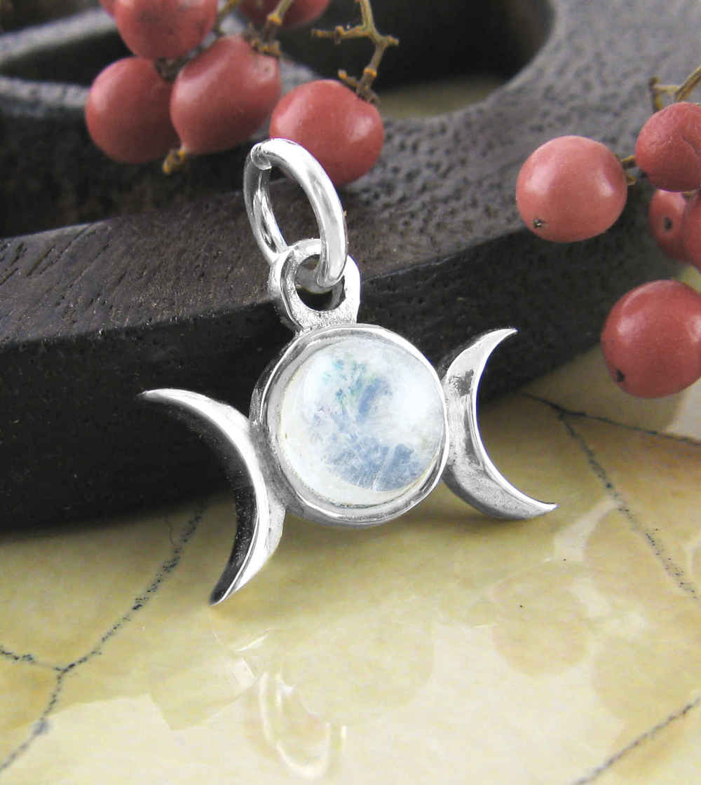 Triple Moon Charm Pendant w/ Gemstone, Handmade - 925 Sterling Silver