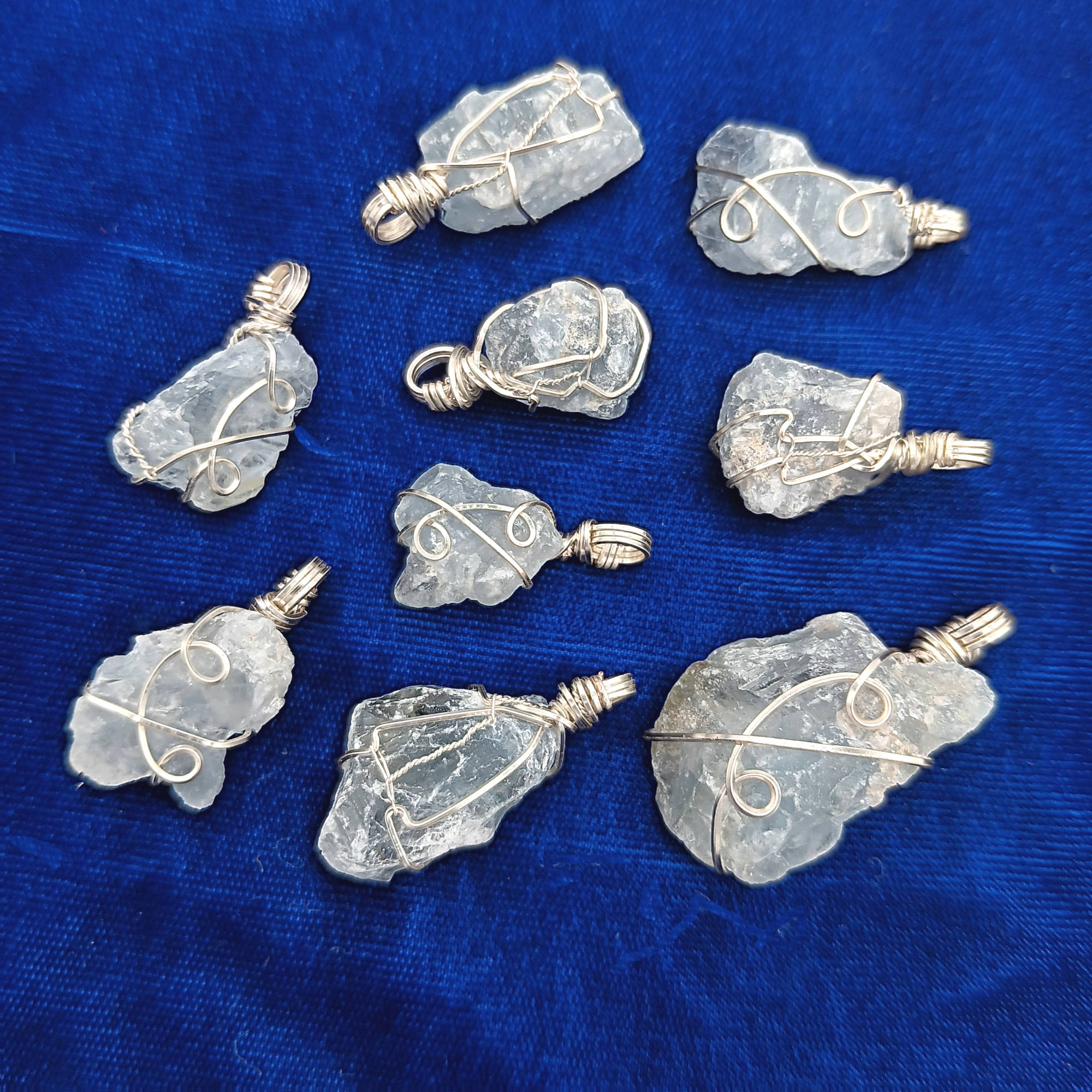 Raw Blue Celestite Crystal Pendant, Silver Wire-Wrapped, Handmade