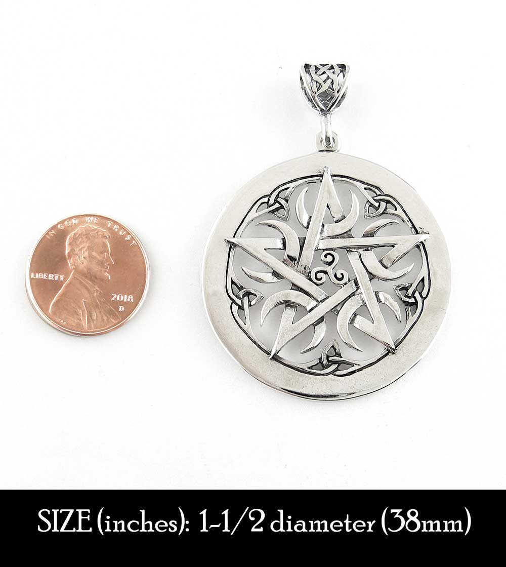 Large 1.5" Five Crescent Moons Celtic Pentacle Pendant, Handmade