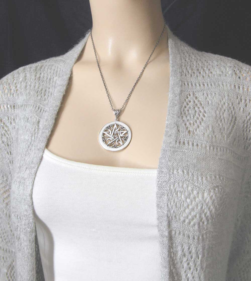 Large 1.5" Five Crescent Moons Celtic Pentacle Pendant, Handmade