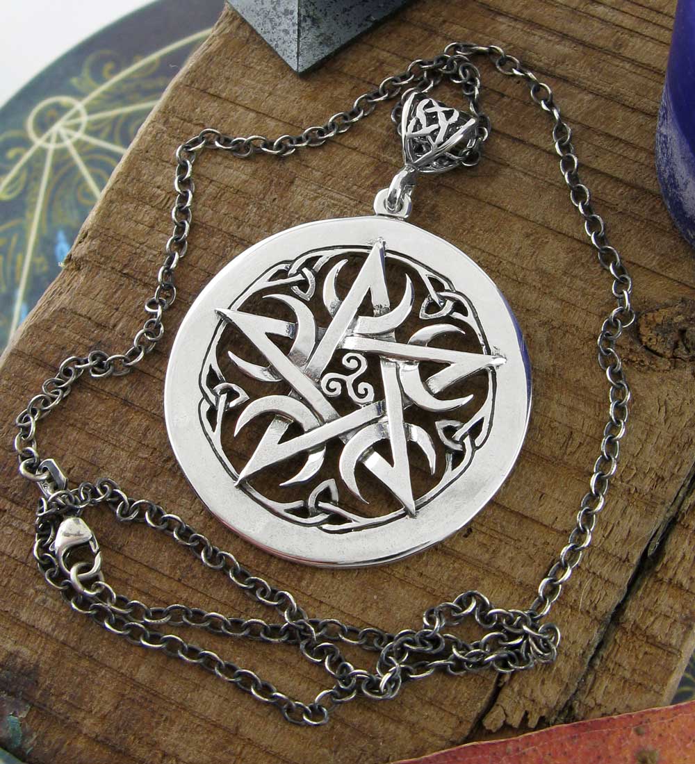 Large 1.5" Five Crescent Moons Celtic Pentacle Pendant, Handmade