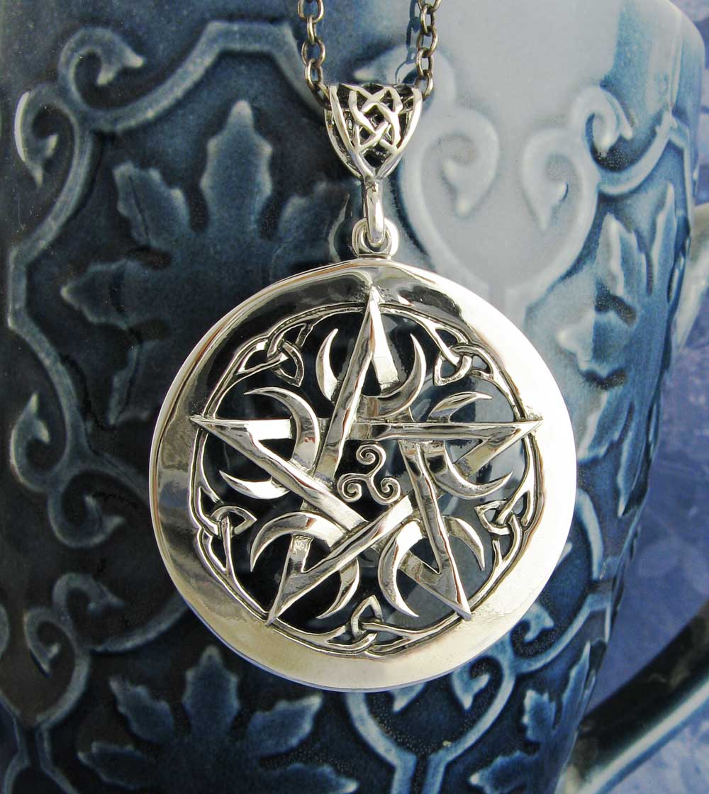 Large 1.5" Five Crescent Moons Celtic Pentacle Pendant, Handmade