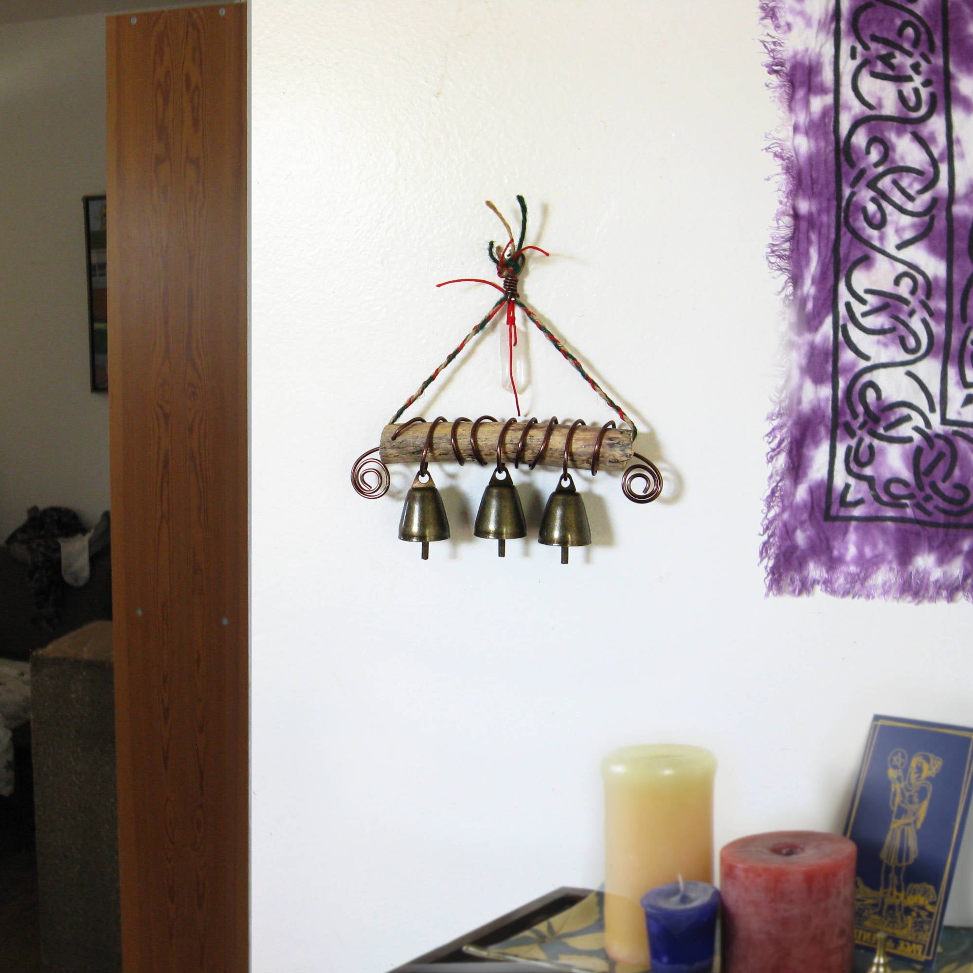 Triple Witch's Bell: Quartz Point, Spirals, Twig, Braided Twine - Handcrafted