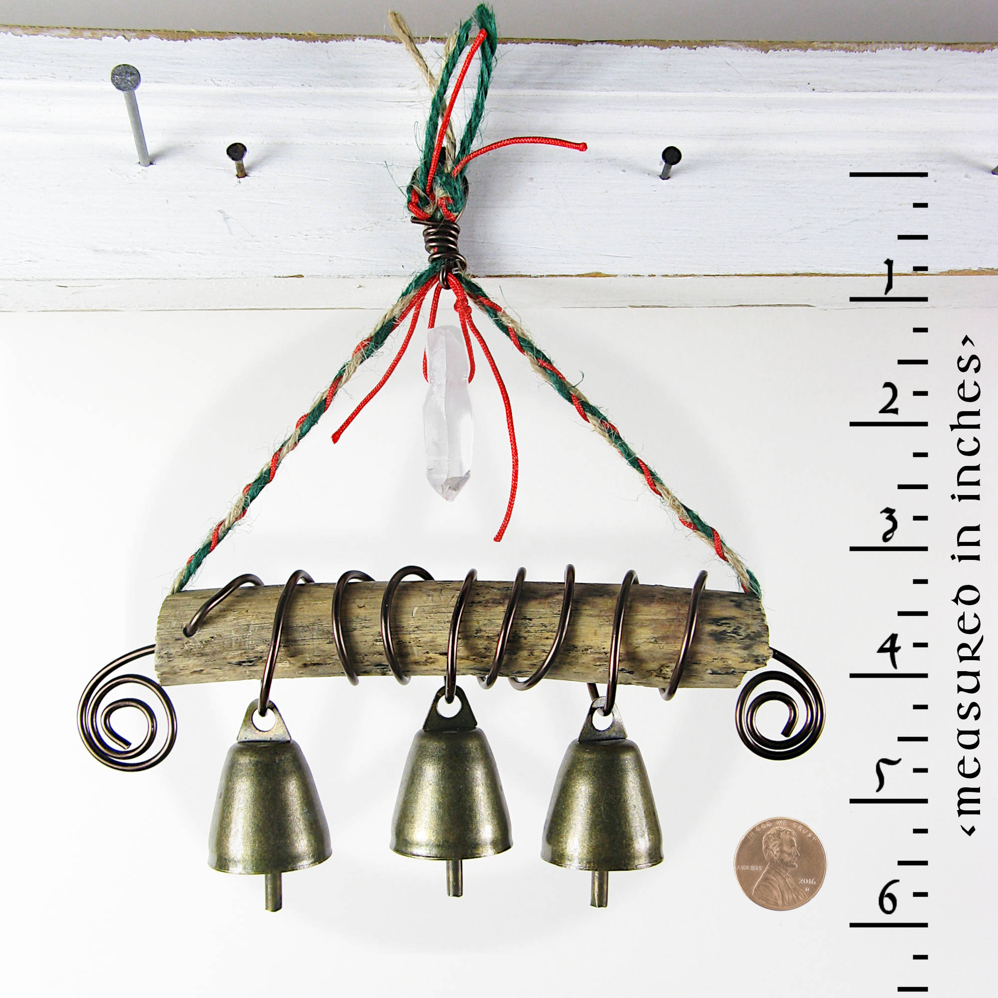 Triple Witch's Bell: Quartz Point, Spirals, Twig, Braided Twine - Handcrafted