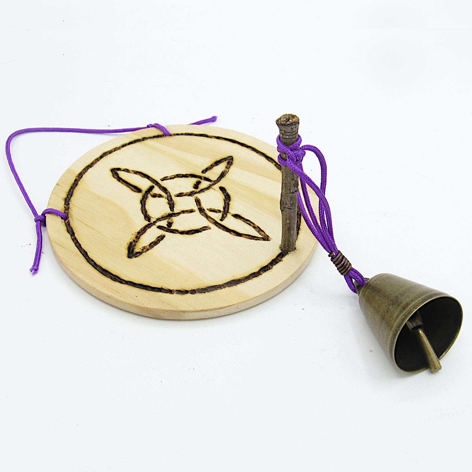 Wood-burned Witch's Knot with Twig and Bell - Handcrafted