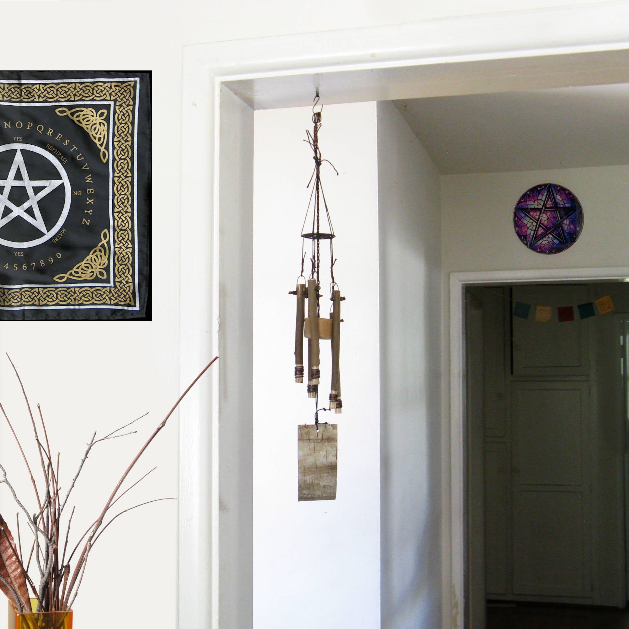 Soft-Sounding Windchime: Twigs, Driftwood, Bark, Evil Eye, Pentacle - Handcrafted