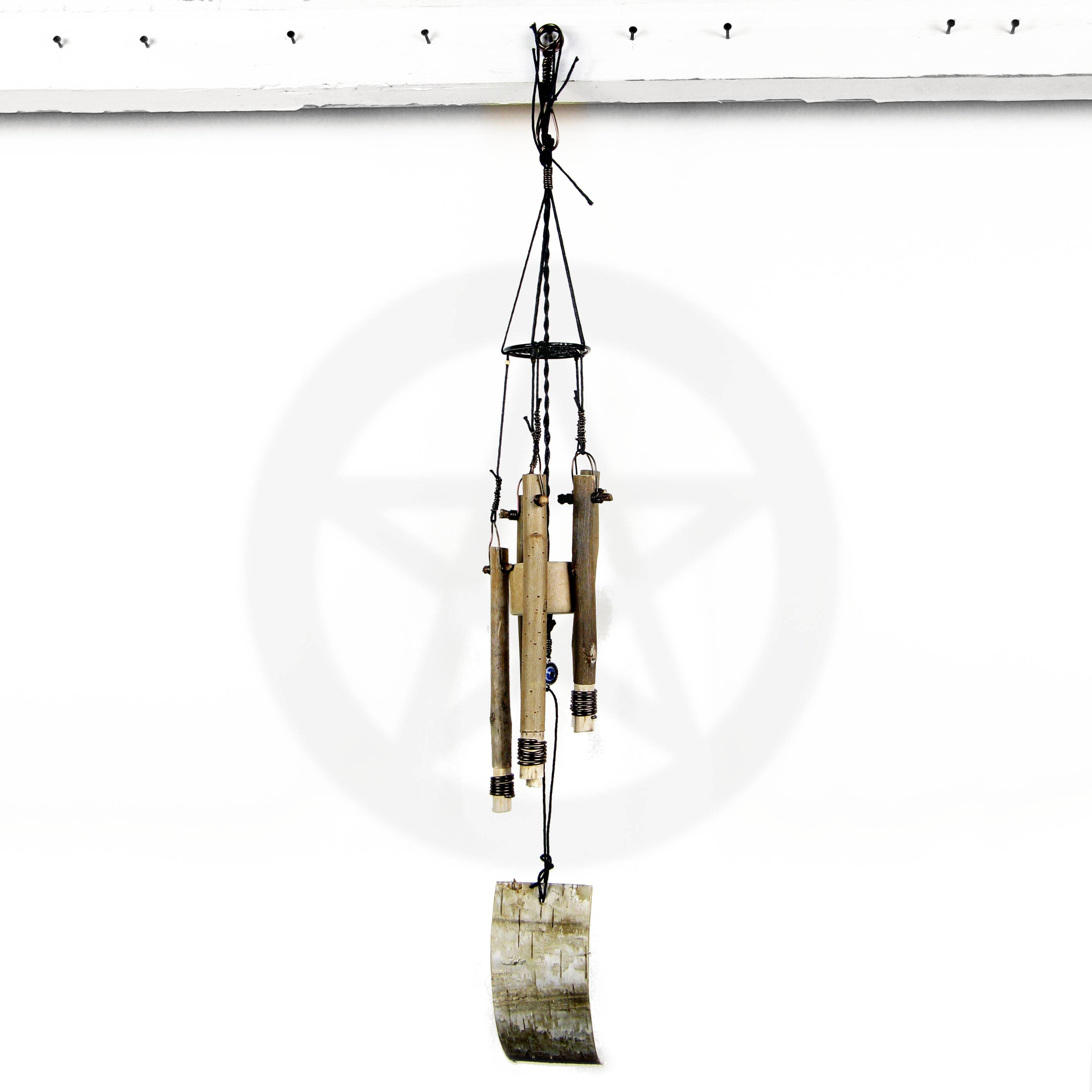 Soft-Sounding Windchime: Twigs, Driftwood, Bark, Evil Eye, Pentacle - Handcrafted