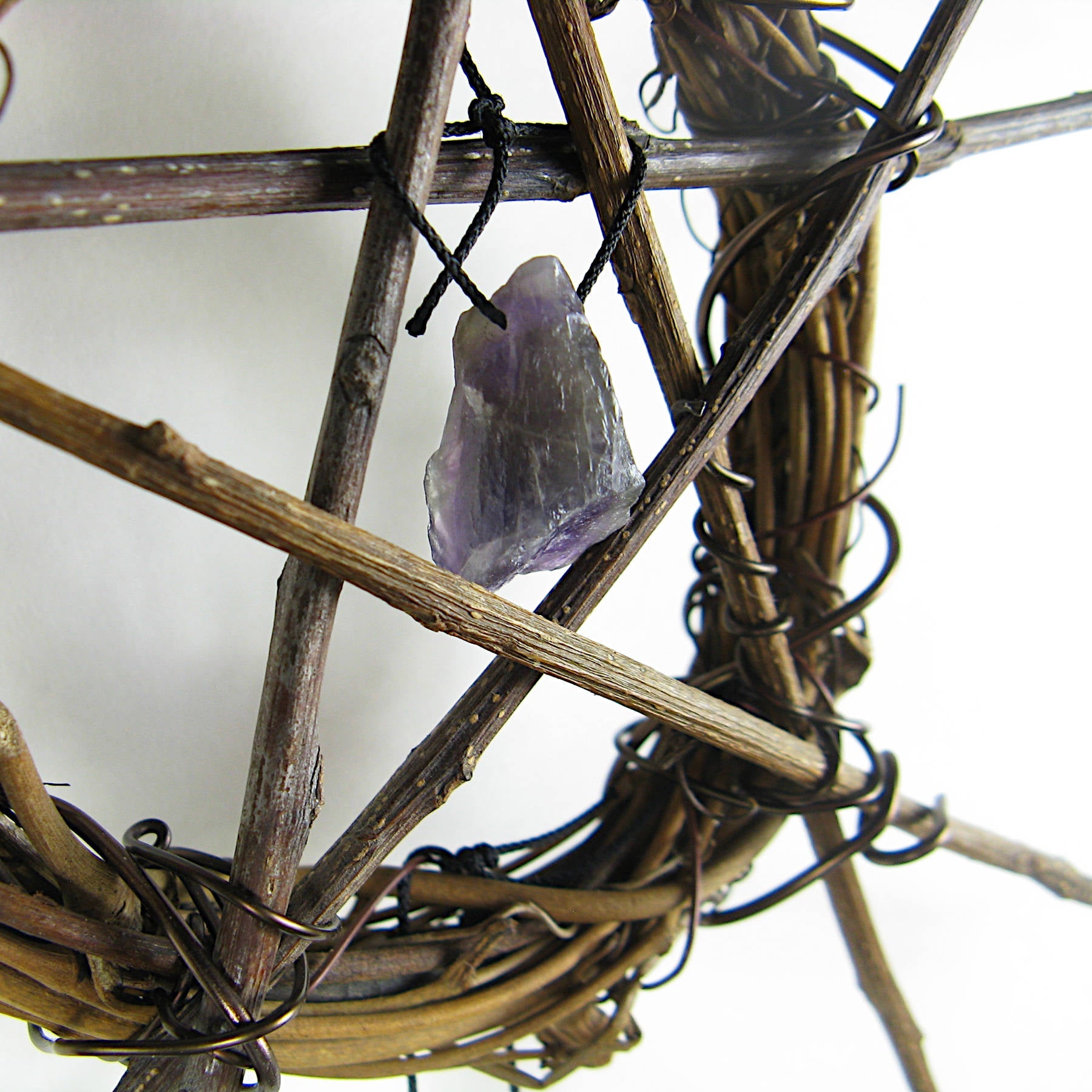 Wall Hanging: Small Wreath, Rustic Twig Pentagram, Amethyst, Quartz - Handcrafted