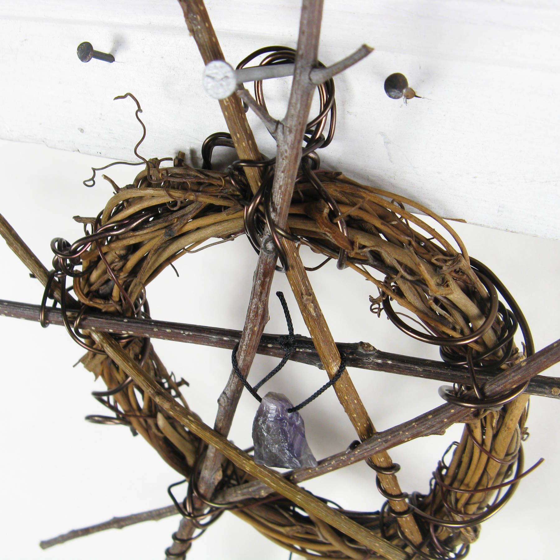 Wall Hanging: Small Wreath, Rustic Twig Pentagram, Amethyst, Quartz - Handcrafted