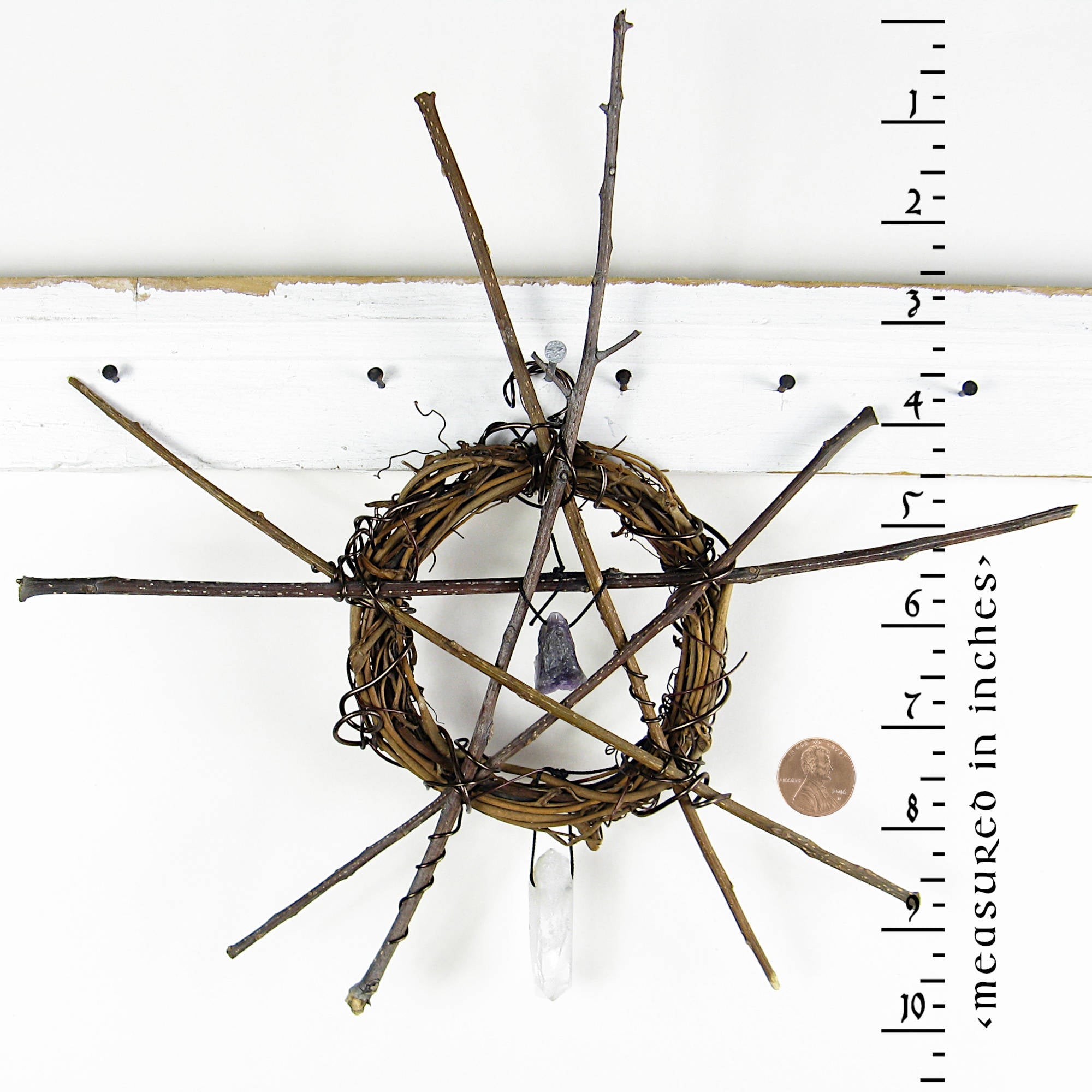 Wall Hanging: Small Wreath, Rustic Twig Pentagram, Amethyst, Quartz - Handcrafted