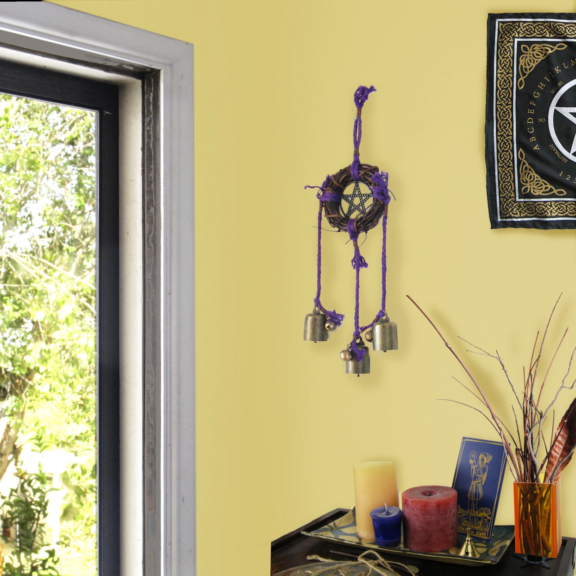 Witch's Bell: Wreath, Black Pentacle, Purple Twine - Handcrafted