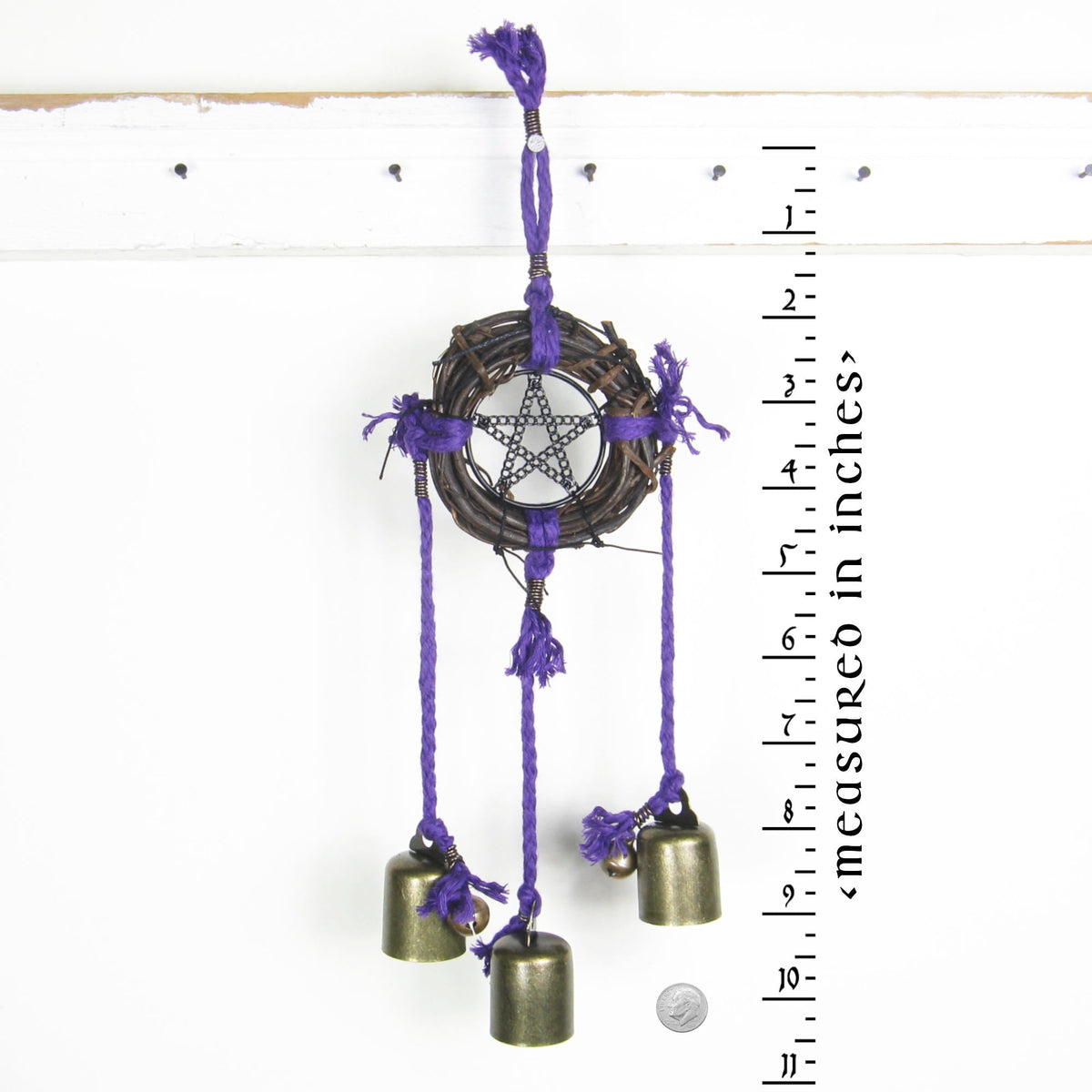 Witch's Bell: Wreath, Black Pentacle, Purple Twine - Handcrafted