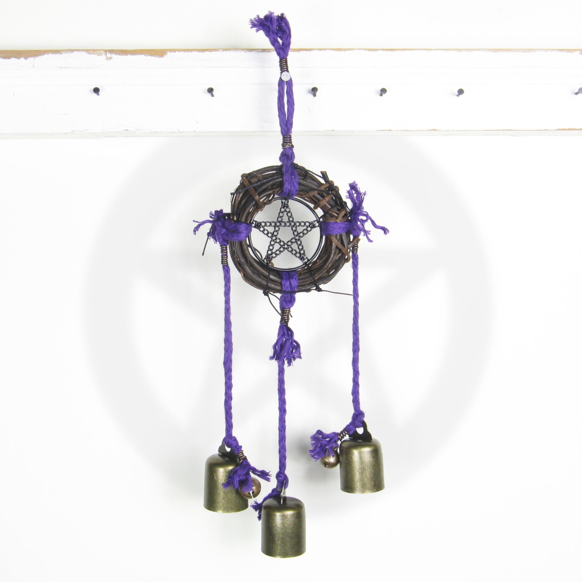 Witch's Bell: Wreath, Black Pentacle, Purple Twine - Handcrafted